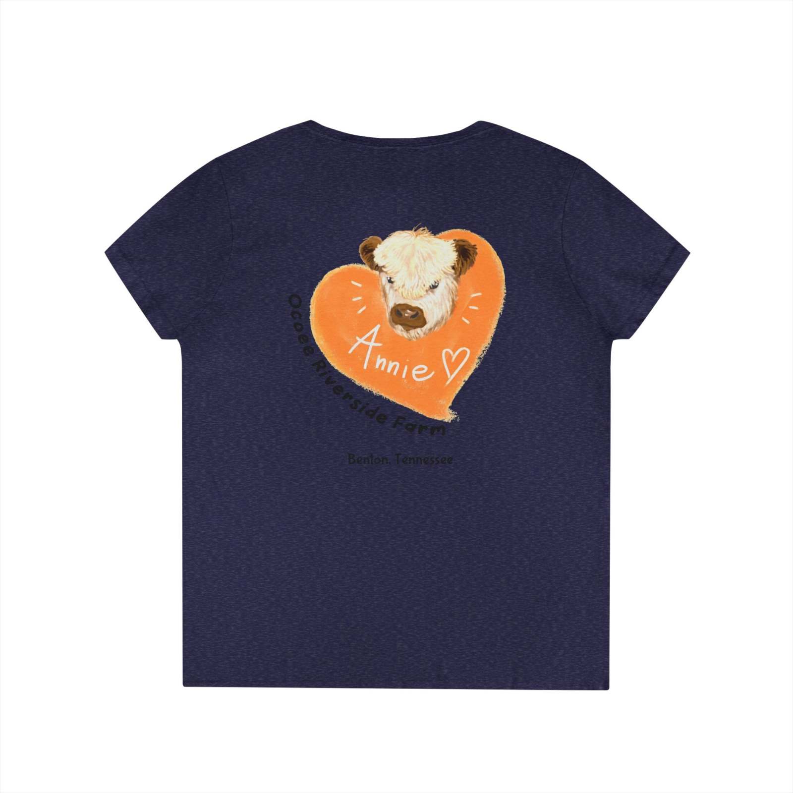 Tennessee Farm Life V-Neck women's navy shirt with spud heart and cow illustration design