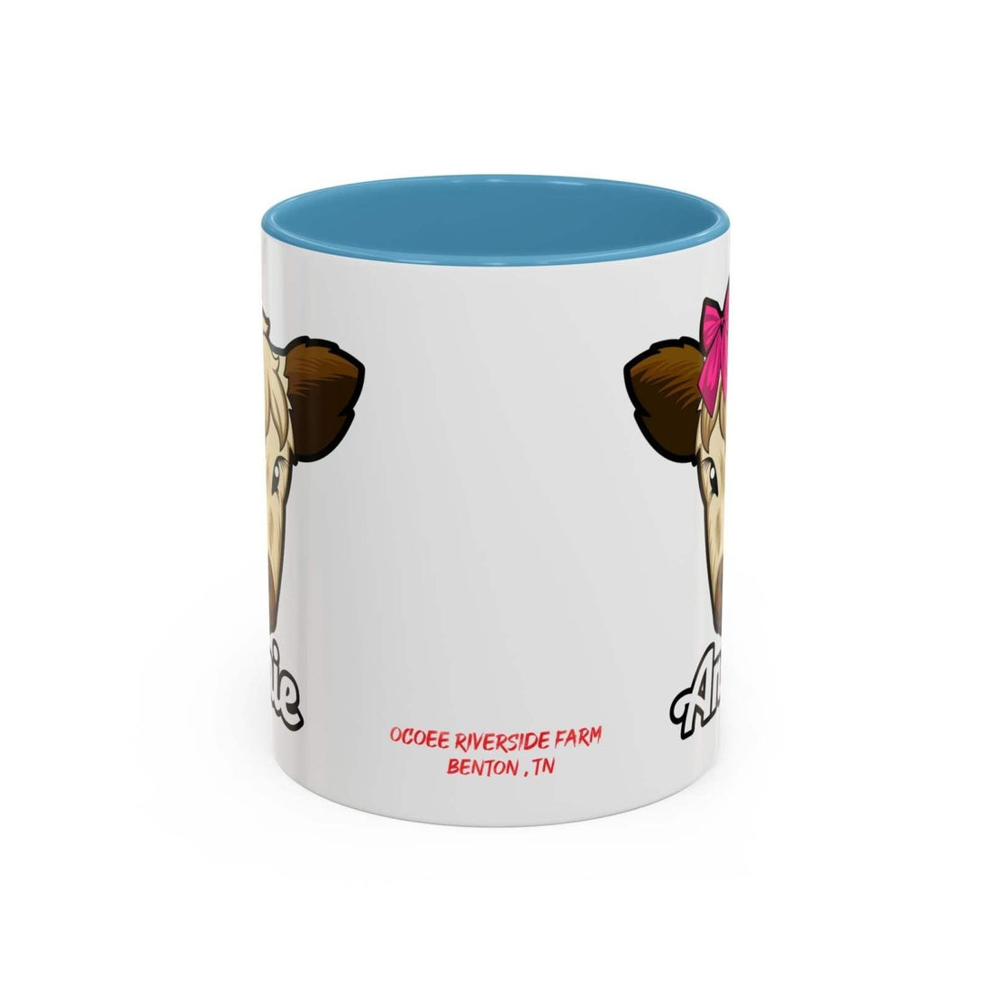 Farmhouse cow coffee mug with red bow design, ceramic, microwave and dishwasher-safe.