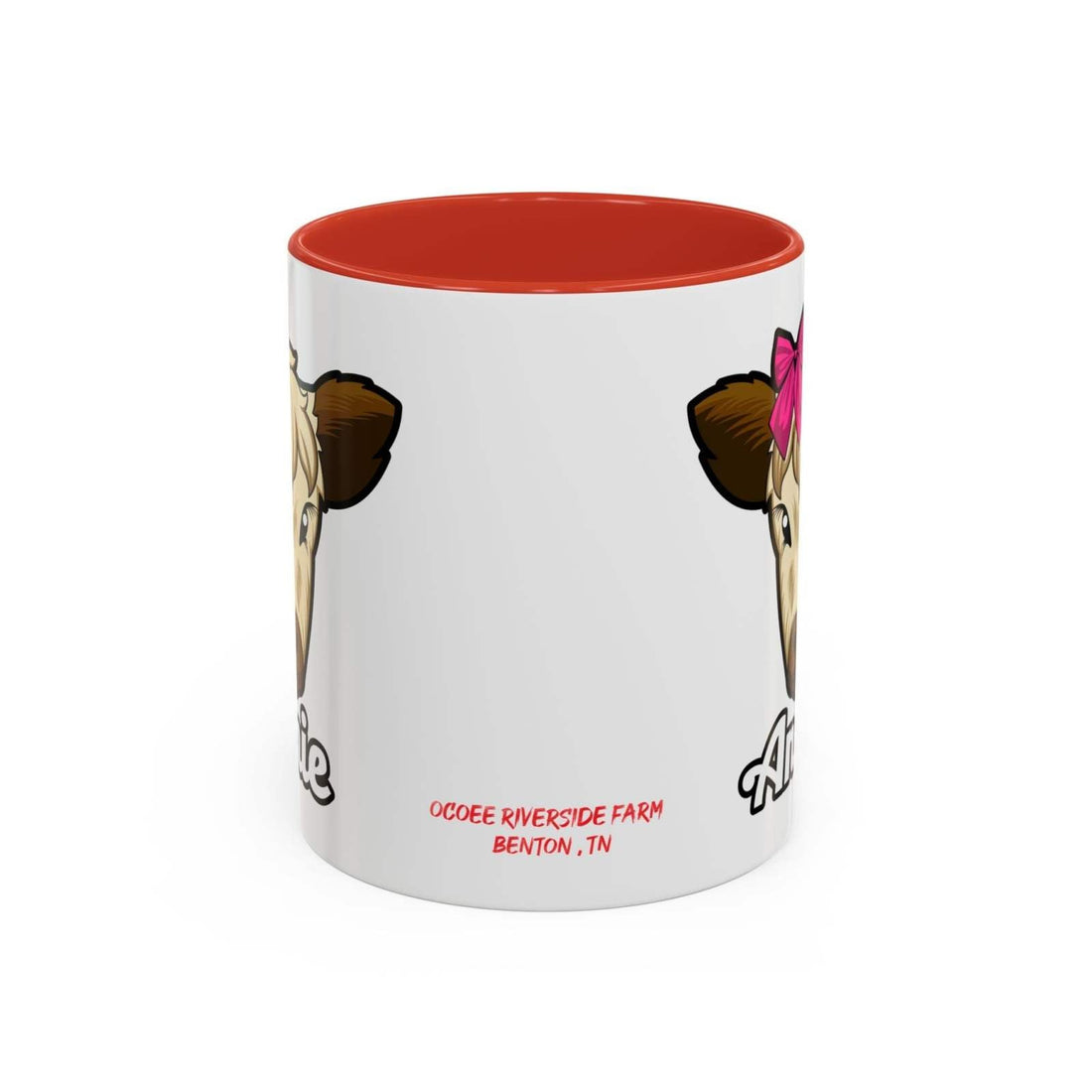 Farmhouse cow coffee mug with red interior and cow print featuring a red bow, perfect for rustic décor.
