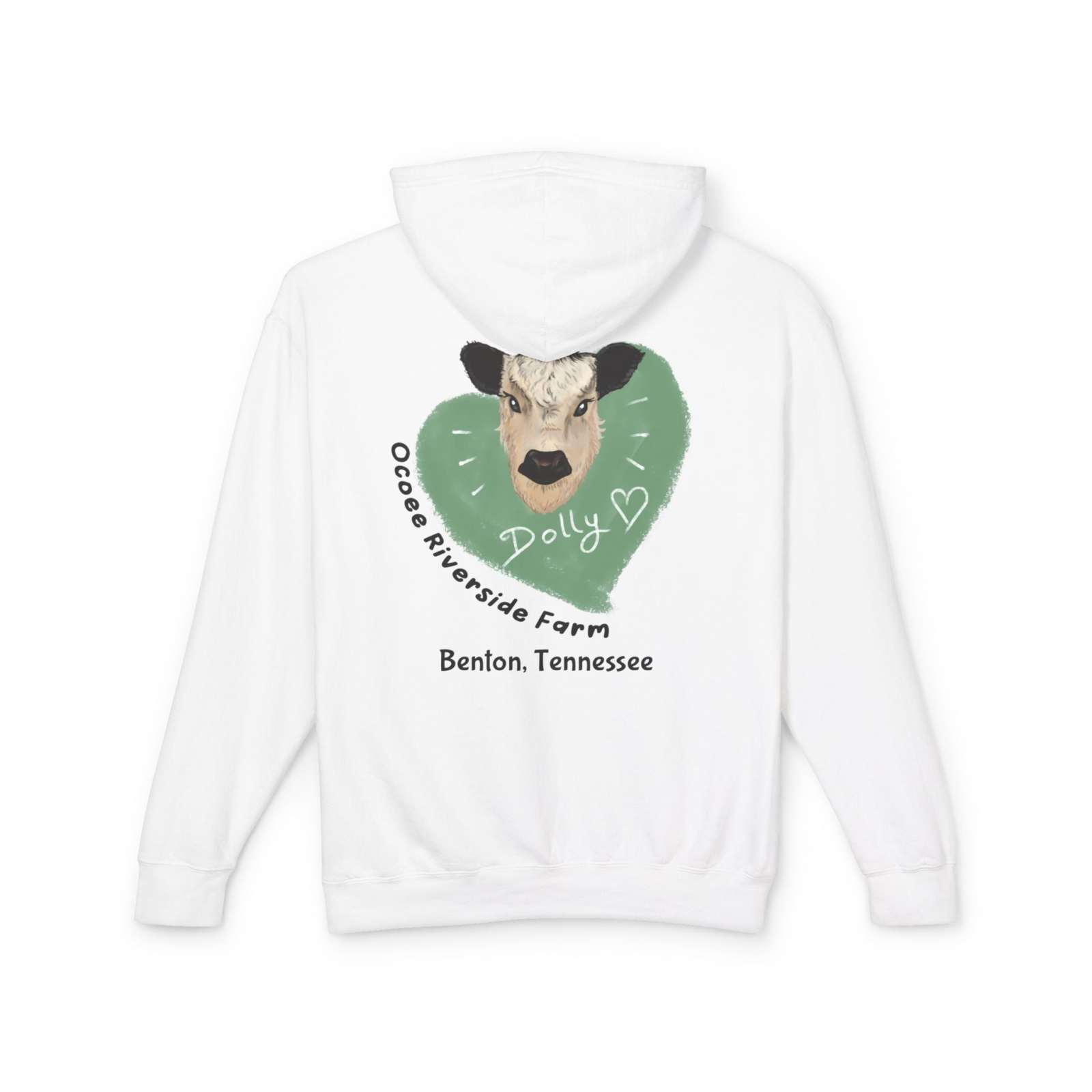 White Cozy Cow Hoodie with Dolly cow graphic and Ocoee Riverside Farm text on back