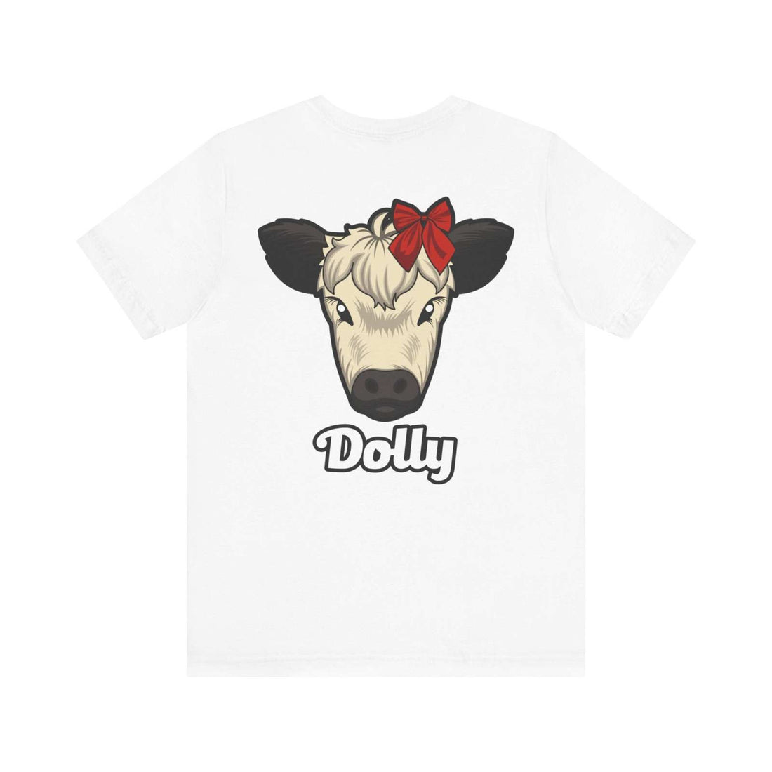 White Country Cow Graphic Tee featuring a cow named Dolly with a red bow on the head.