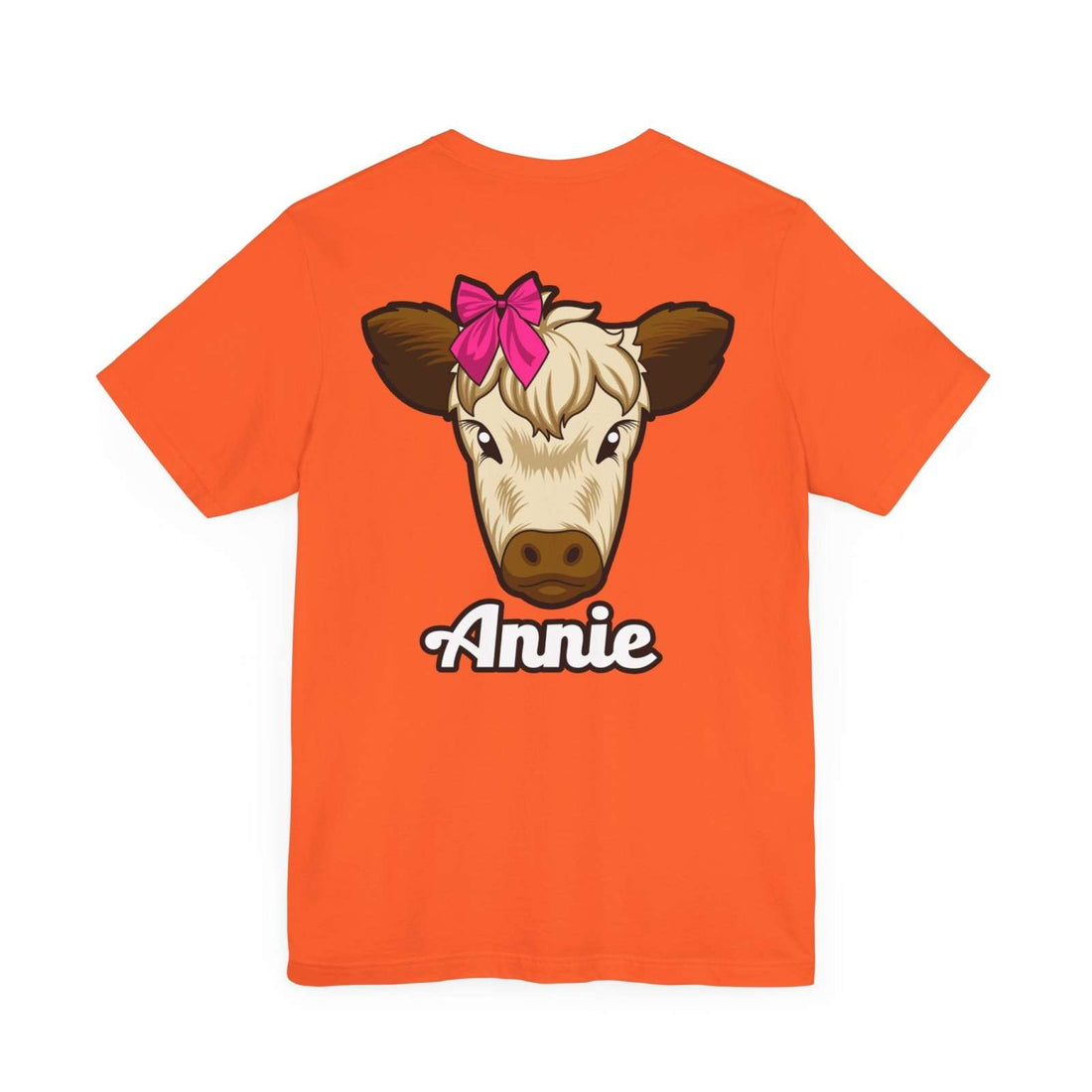 Farm Life T-Shirt with Annie the Cow design, red bow, orange color.