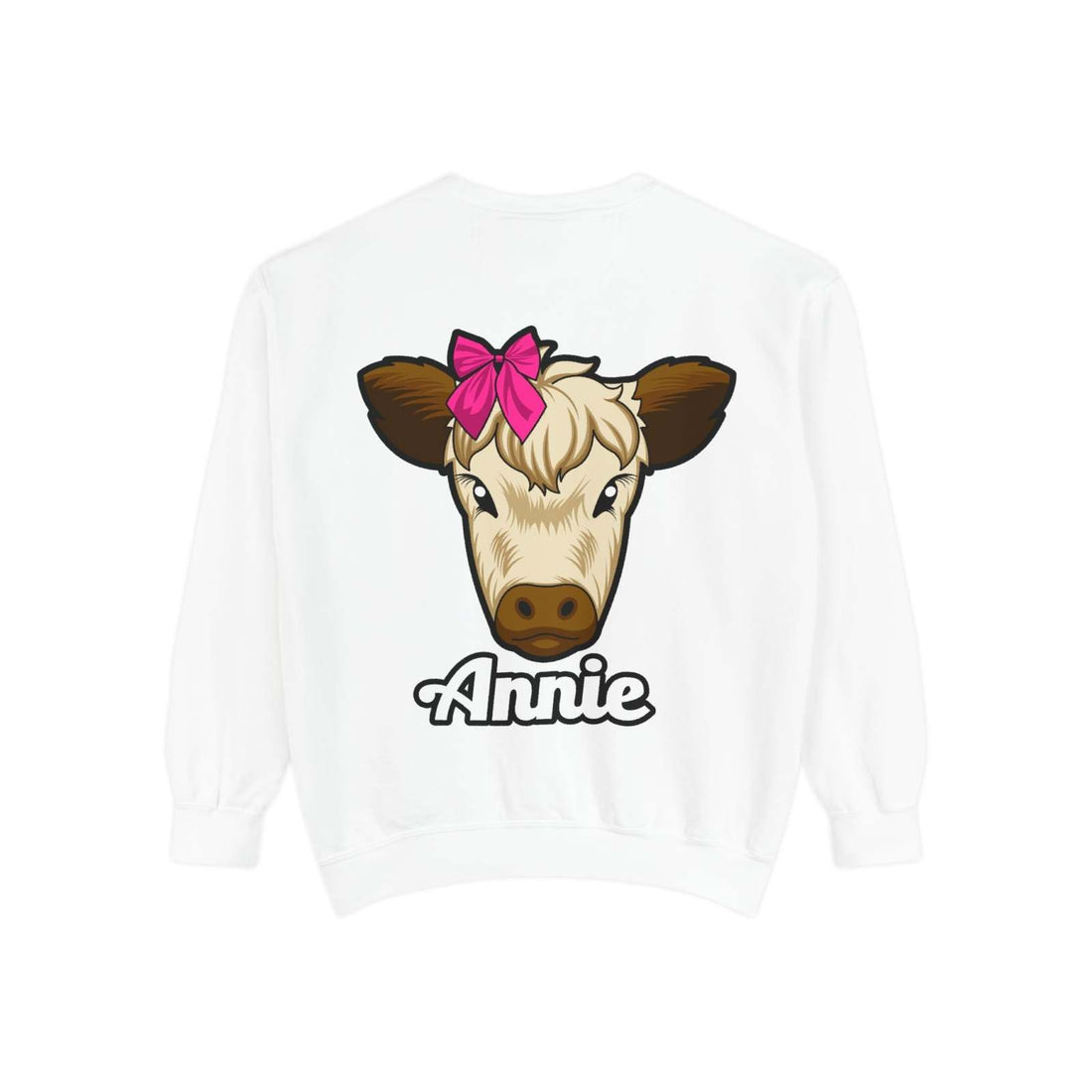 Cute farm animal sweatshirt featuring Annie the Cow illustration with red bow.