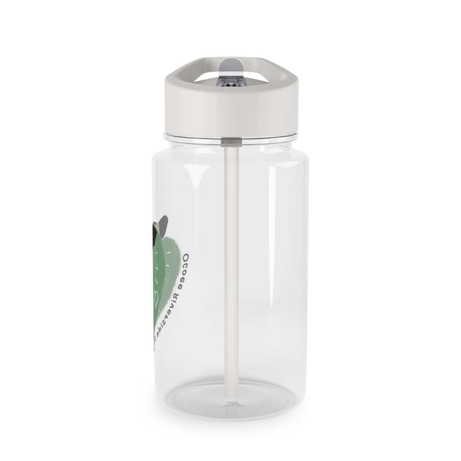 Clear farm-themed water bottle with white lid and built-in straw, BPA-free Tritan plastic.