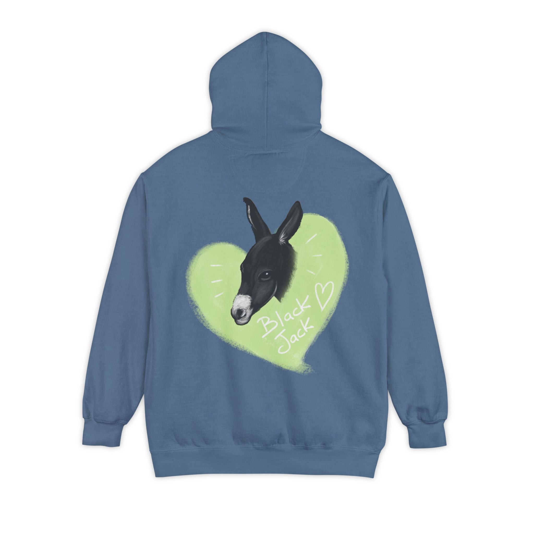 A donkey featuring the words "Black Jack" prominently displayed on its side at Ocoee Riverside Farm Unisex Hoodie