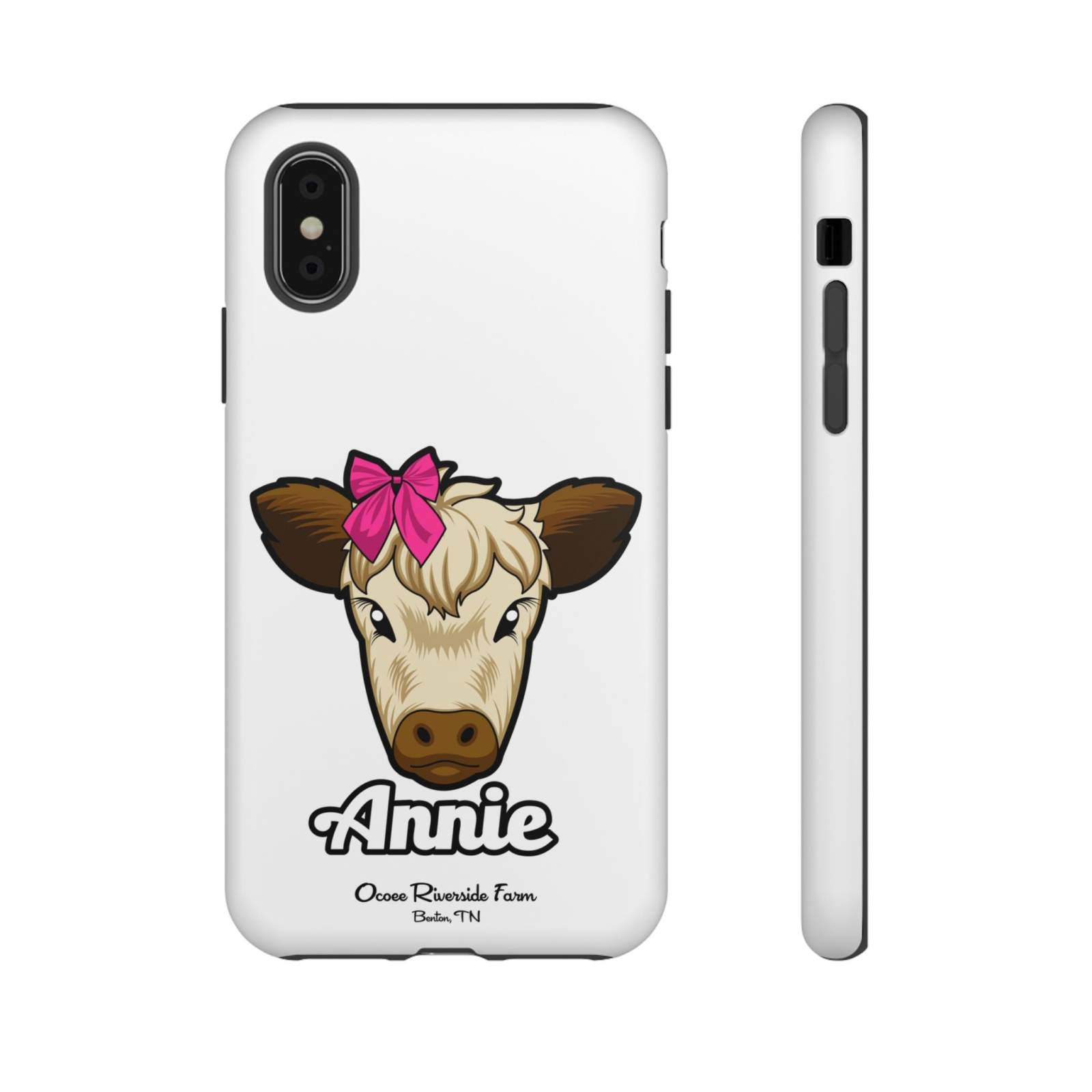Cute cow phone case with red bow, perfect farm animal lover gift, durable and stylish.