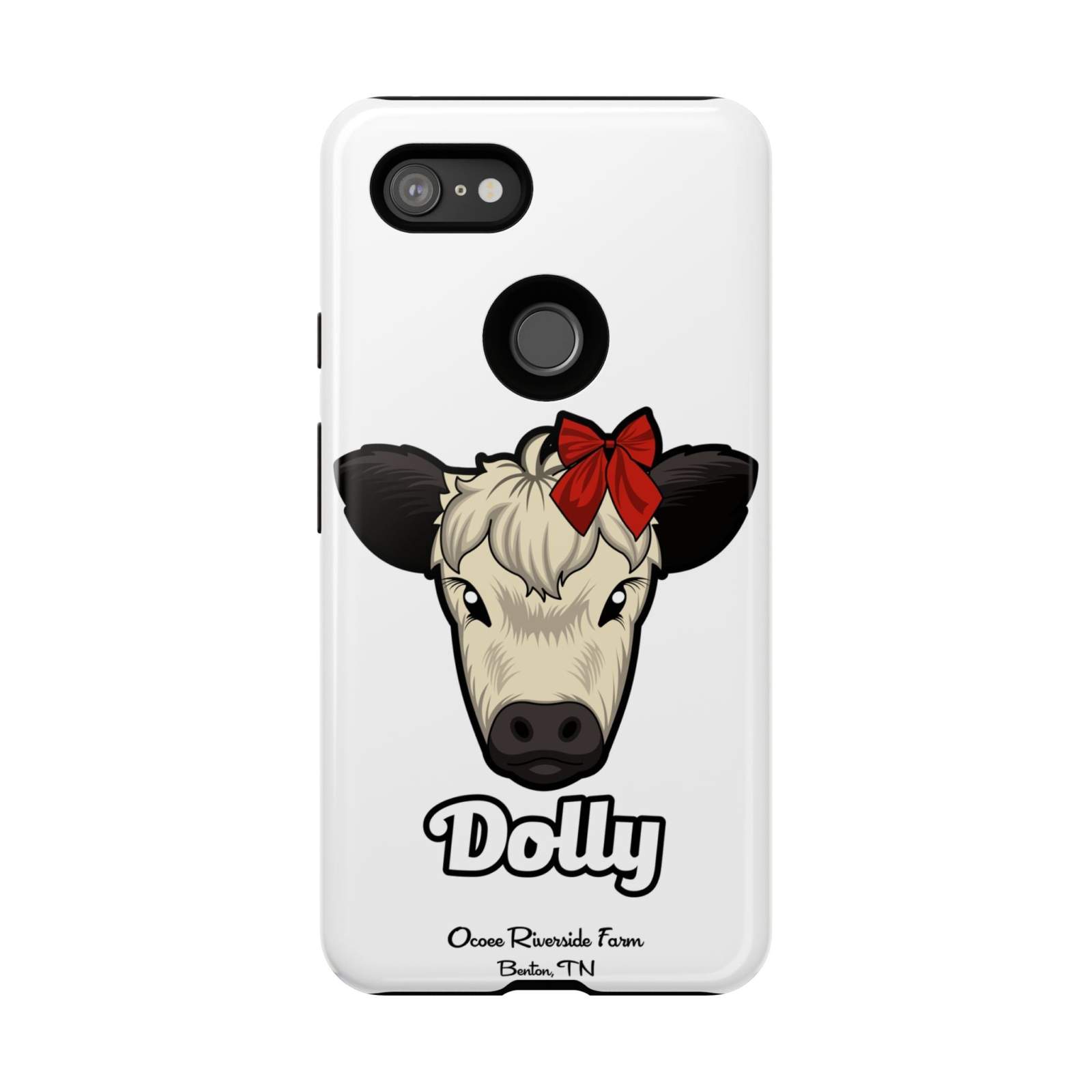 Farmhouse Chic Phone Case featuring Dolly the cow with a red bow, durable and stylish rustic design.
