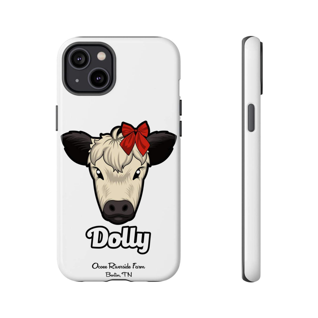 Farmhouse Chic Phone Case featuring Dolly the cow with a red bow, white protective design for iPhone