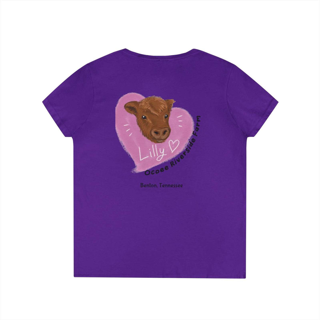 Purple Spud Heart Women’s V-Neck Tee featuring a cow head with a pink heart and farm name on the back
