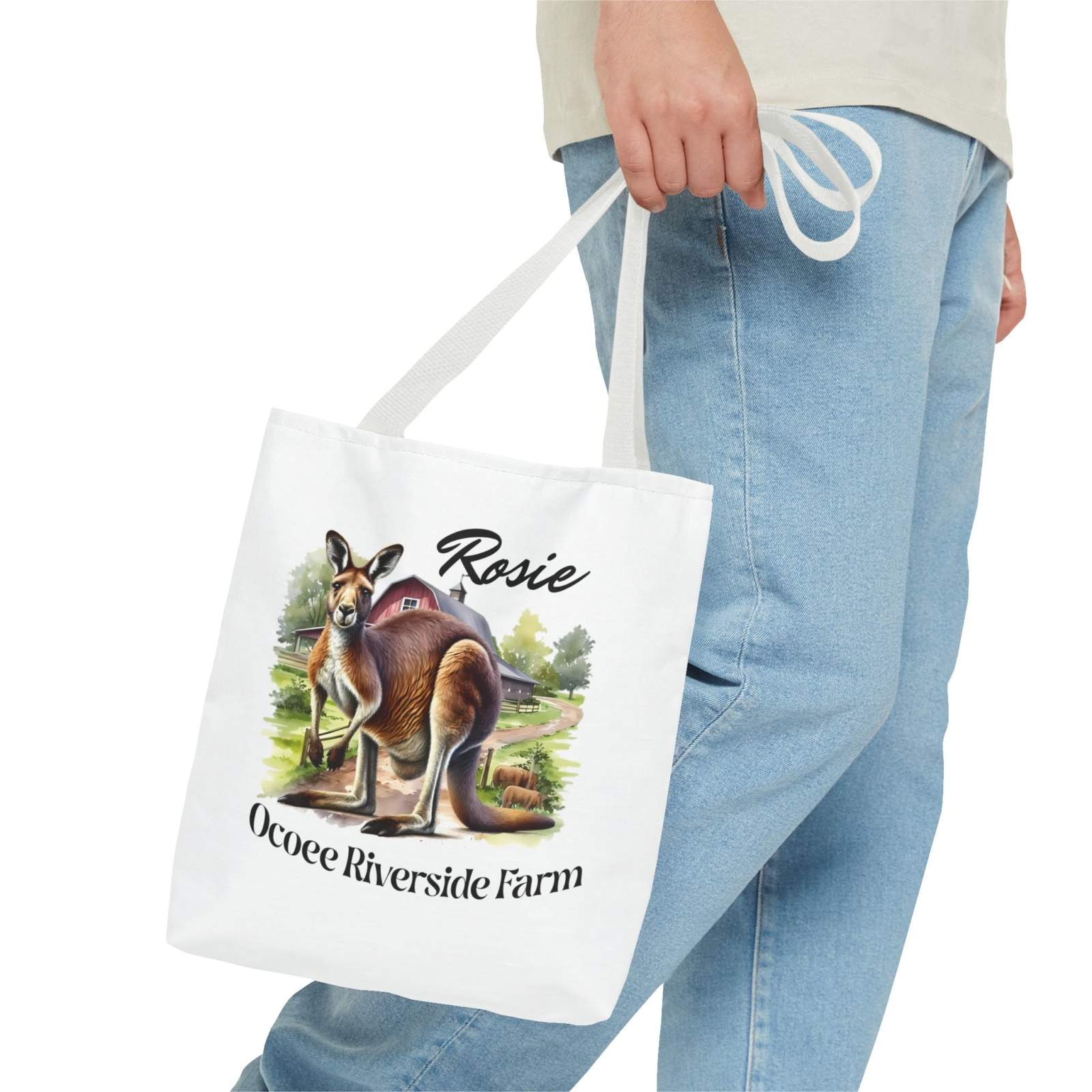 Eco-friendly Rosie Kangaroo Tote Bag from Ocoee Riverside Farm with animal artwork and durable polyester design