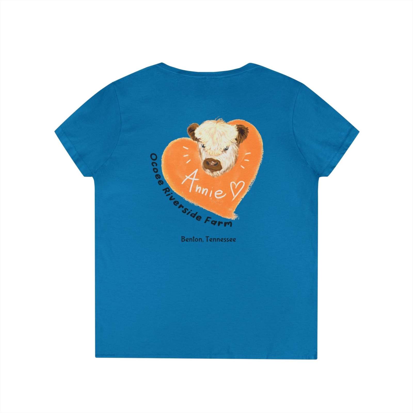 Blue Tennessee Farm Life V-Neck for women featuring a cow and heart design with "Annie" and farm text on the back