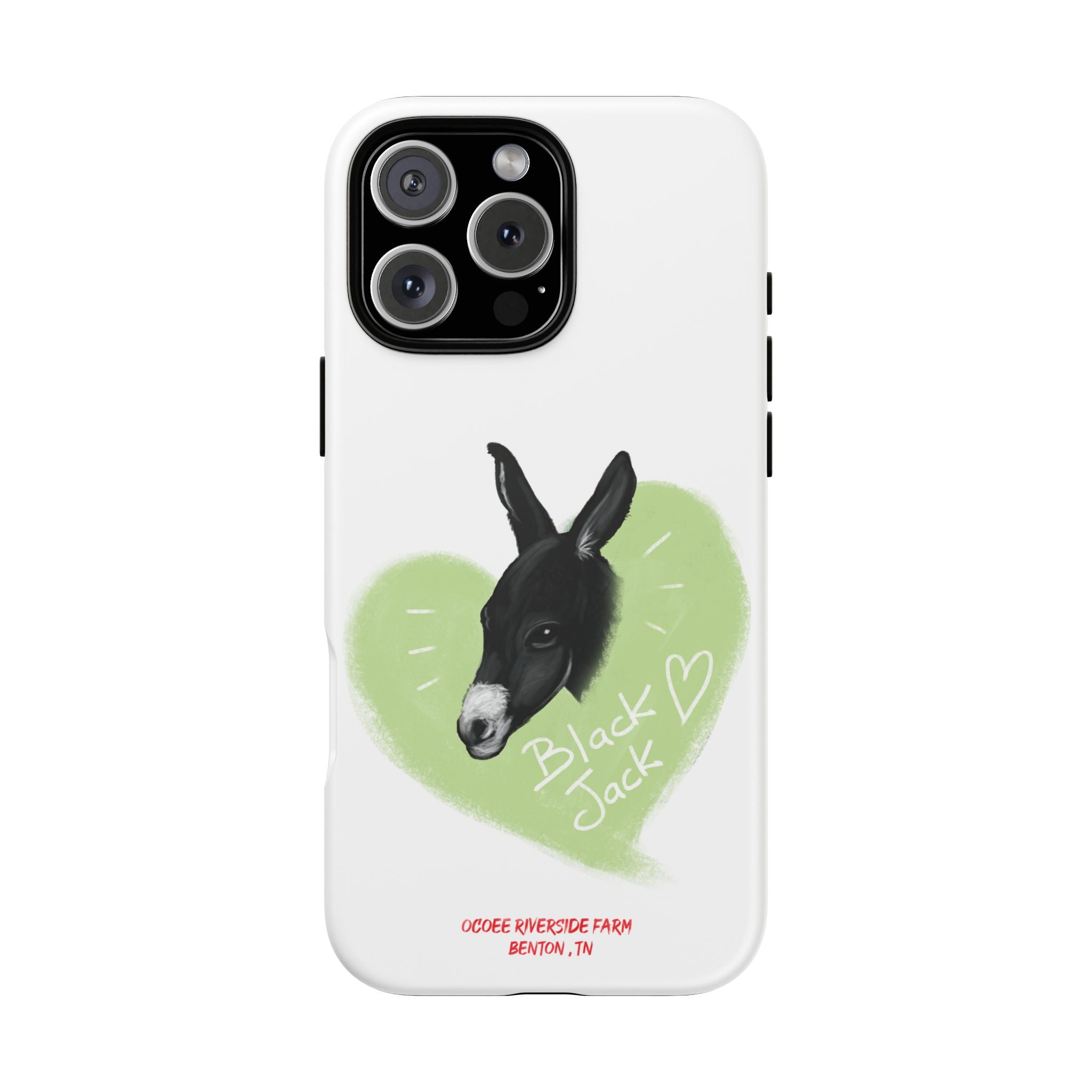 A donkey featuring the words "Black Jack" prominently displayed on its side at Ocoee Riverside Farm Phone Case