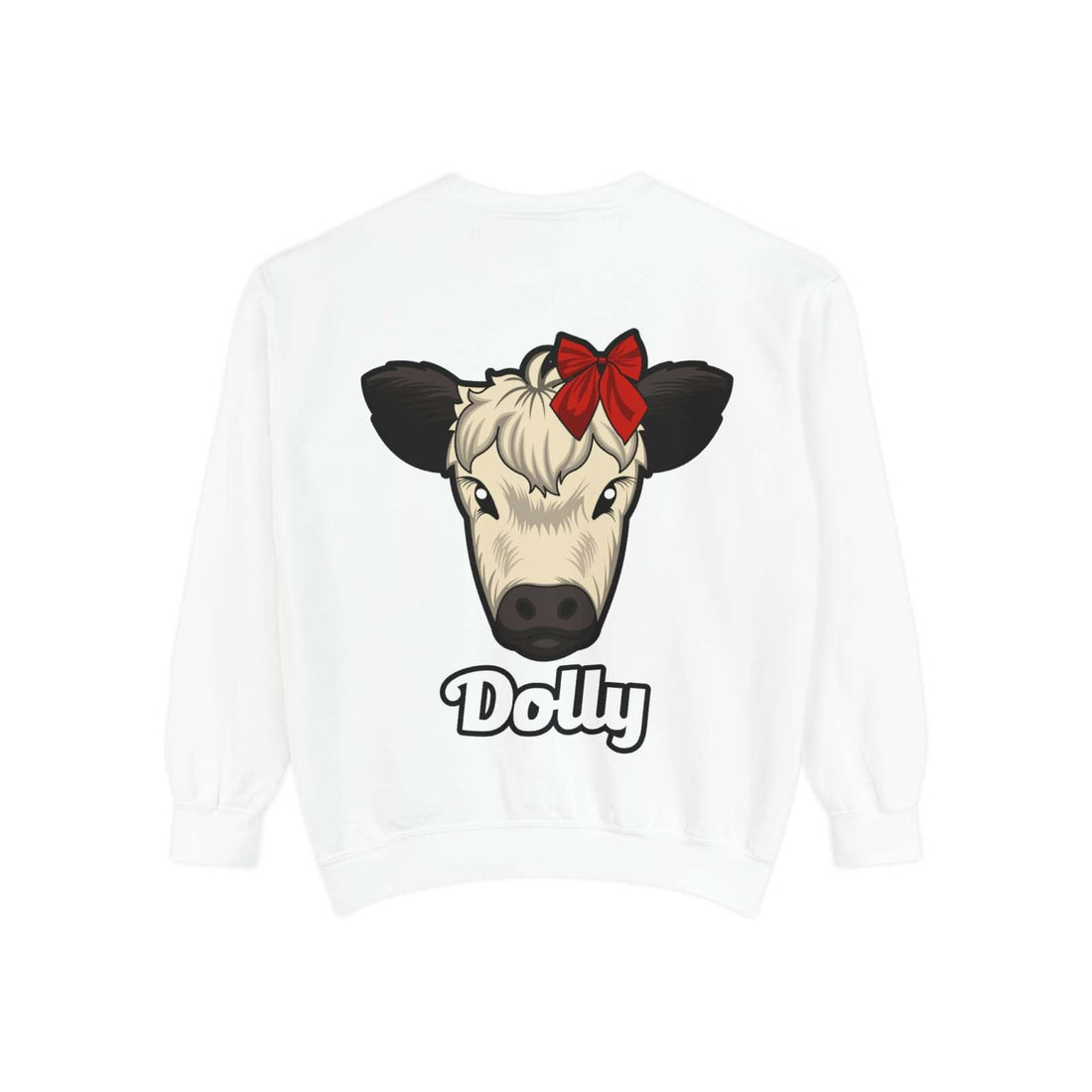 Farmhouse Cow Sweatshirt with Dolly the Red Bow Cow design, cozy and stylish.