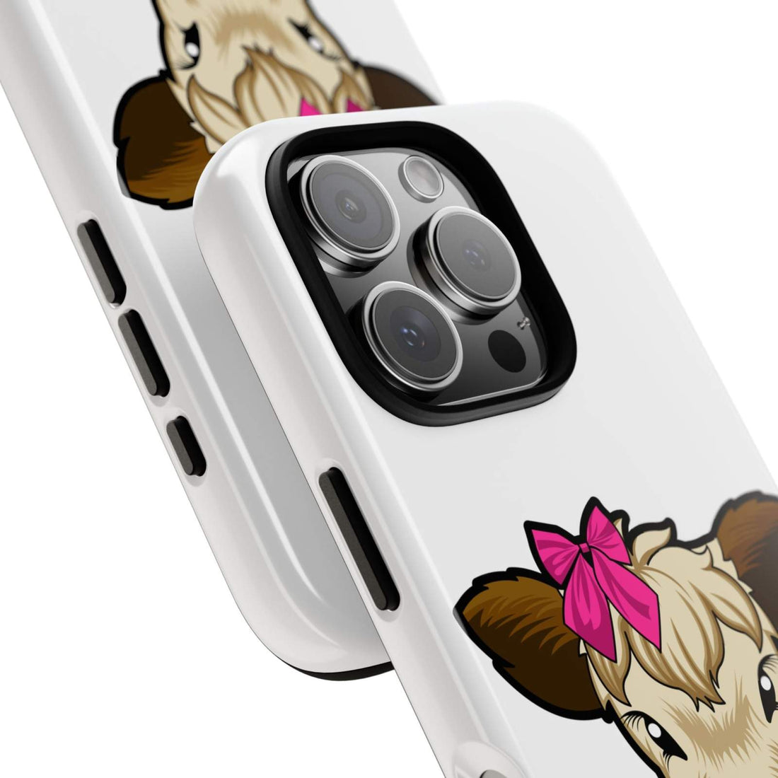 Cute cow phone case with red bow; perfect farm animal lover gift.