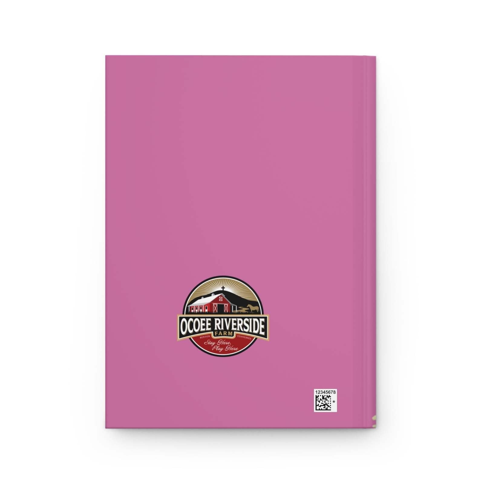Back cover of Adorable Cow Journal with Ocoee Riverside Farm logo on pink matte laminated surface