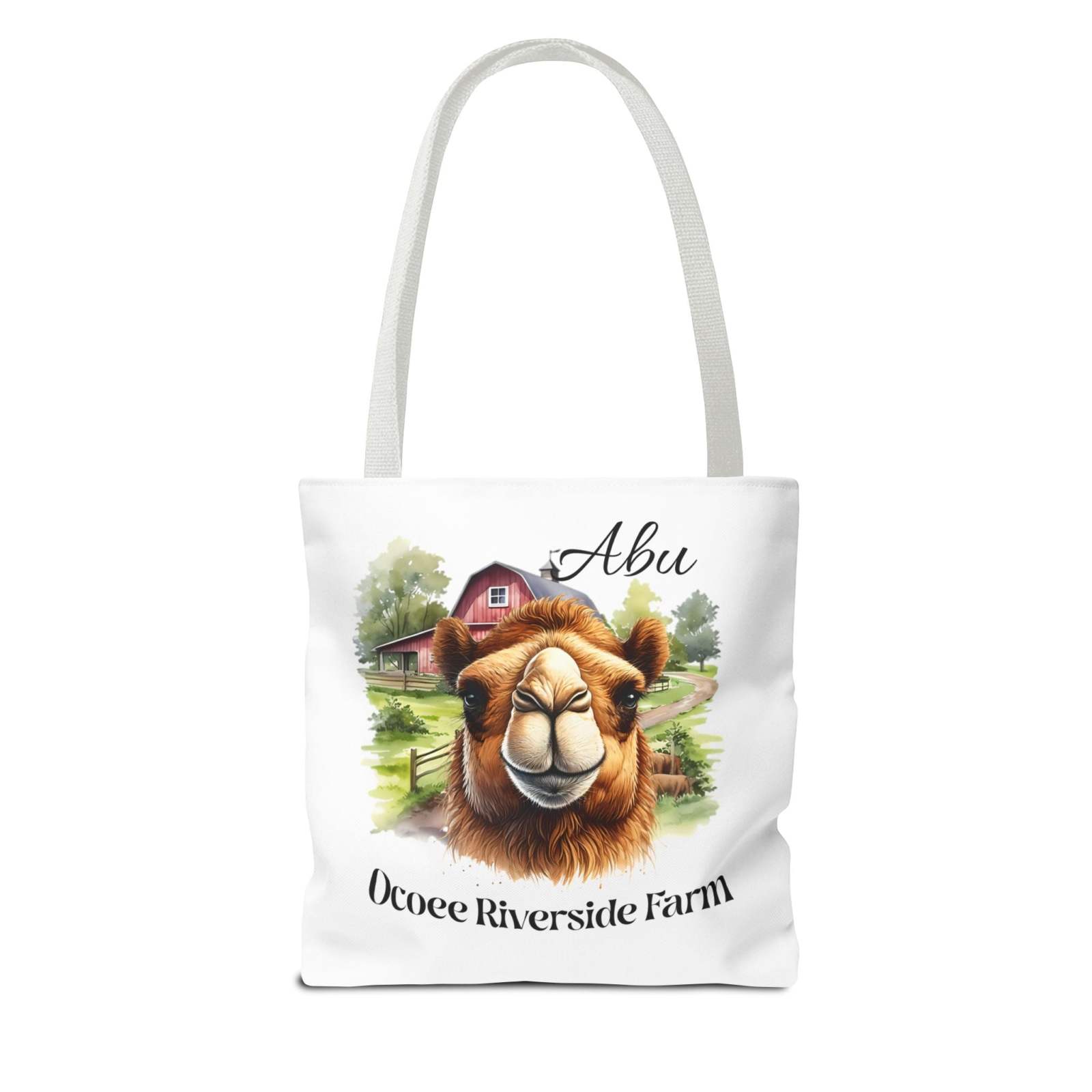 Eco-friendly Abu Camel Tote Bag with camel illustration and Ocoee Riverside Farm text, durable polyester shopping bag