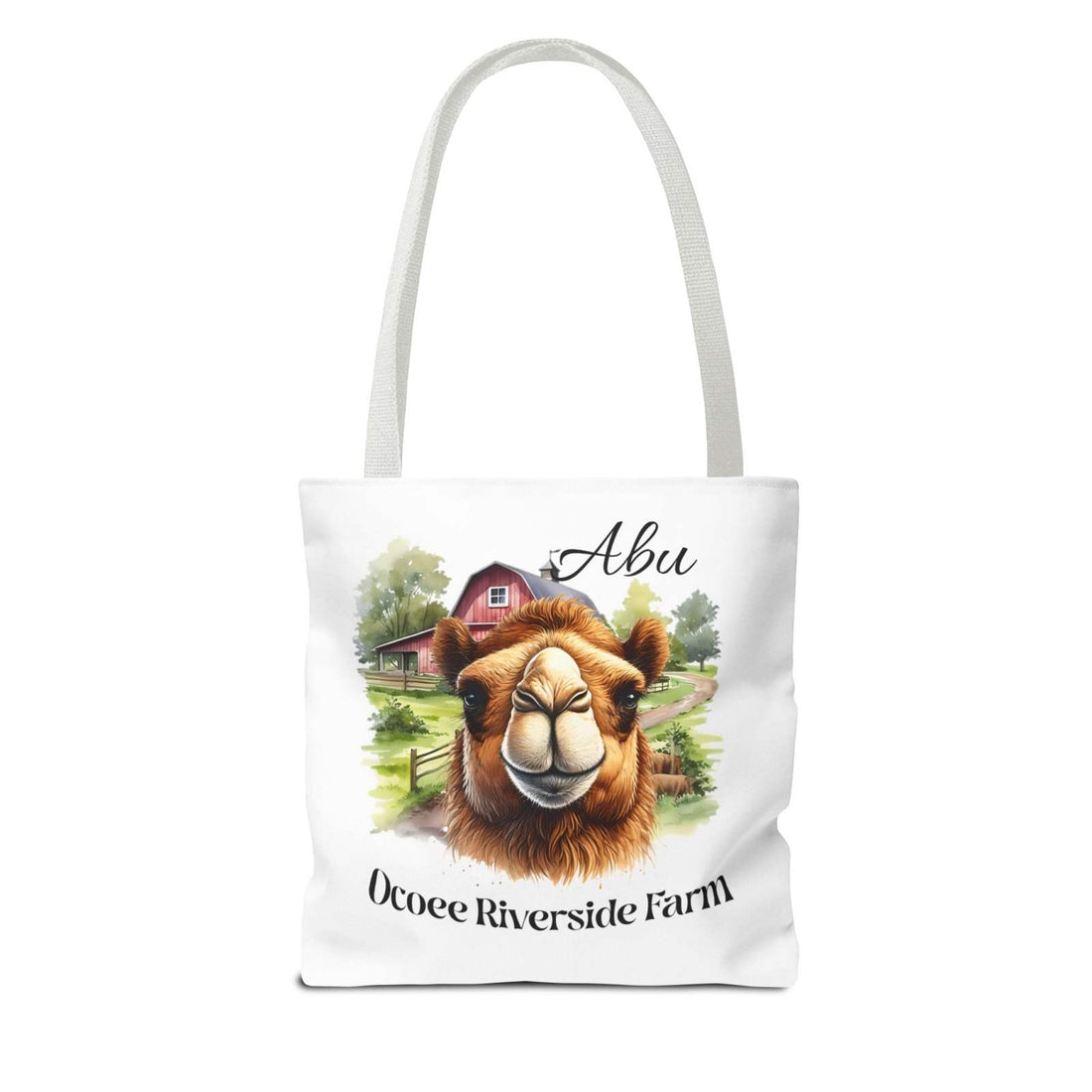 Eco-friendly Abu Camel Tote Bag with camel illustration and Ocoee Riverside Farm text, durable polyester shopping bag
