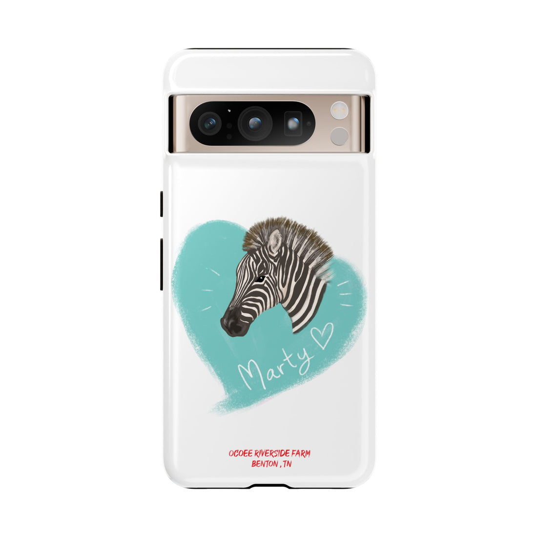 A zebra adorned with the word "Marty" creatively integrated into its stripes at Ocoee Riverside Farm Phone Case