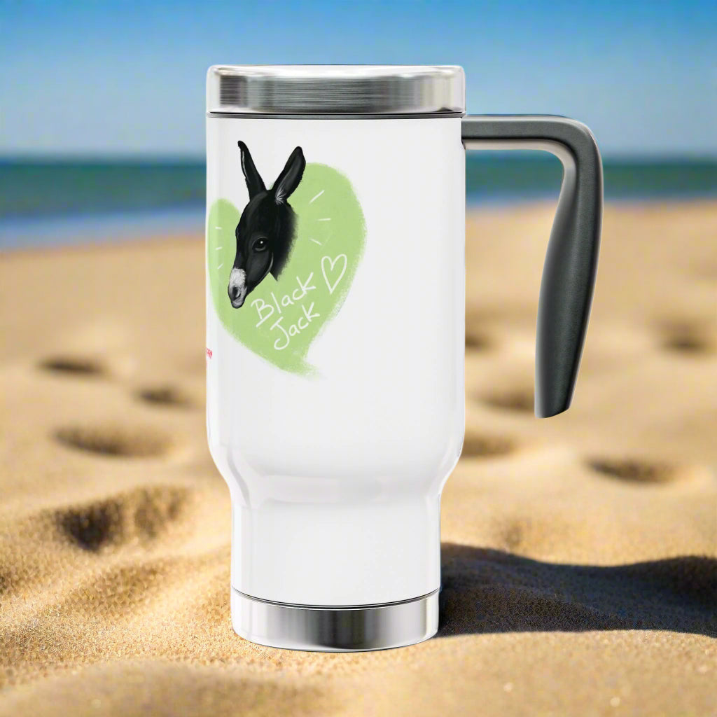 A donkey featuring the words "Black Jack" prominently displayed on its side at Ocoee Riverside Farm Stainless Steel Travel Mug with Handle - 14oz