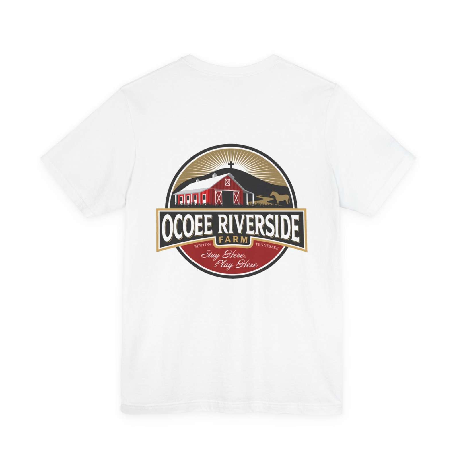 White unisex t-shirt featuring Ocoee Riverside Farm logo on the back.