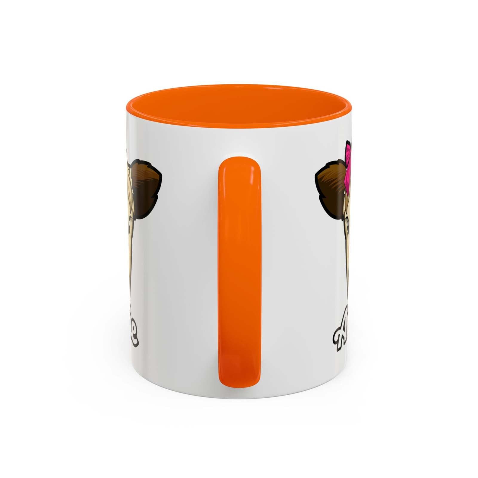 Farmhouse cow coffee mug with red bow and orange handle.