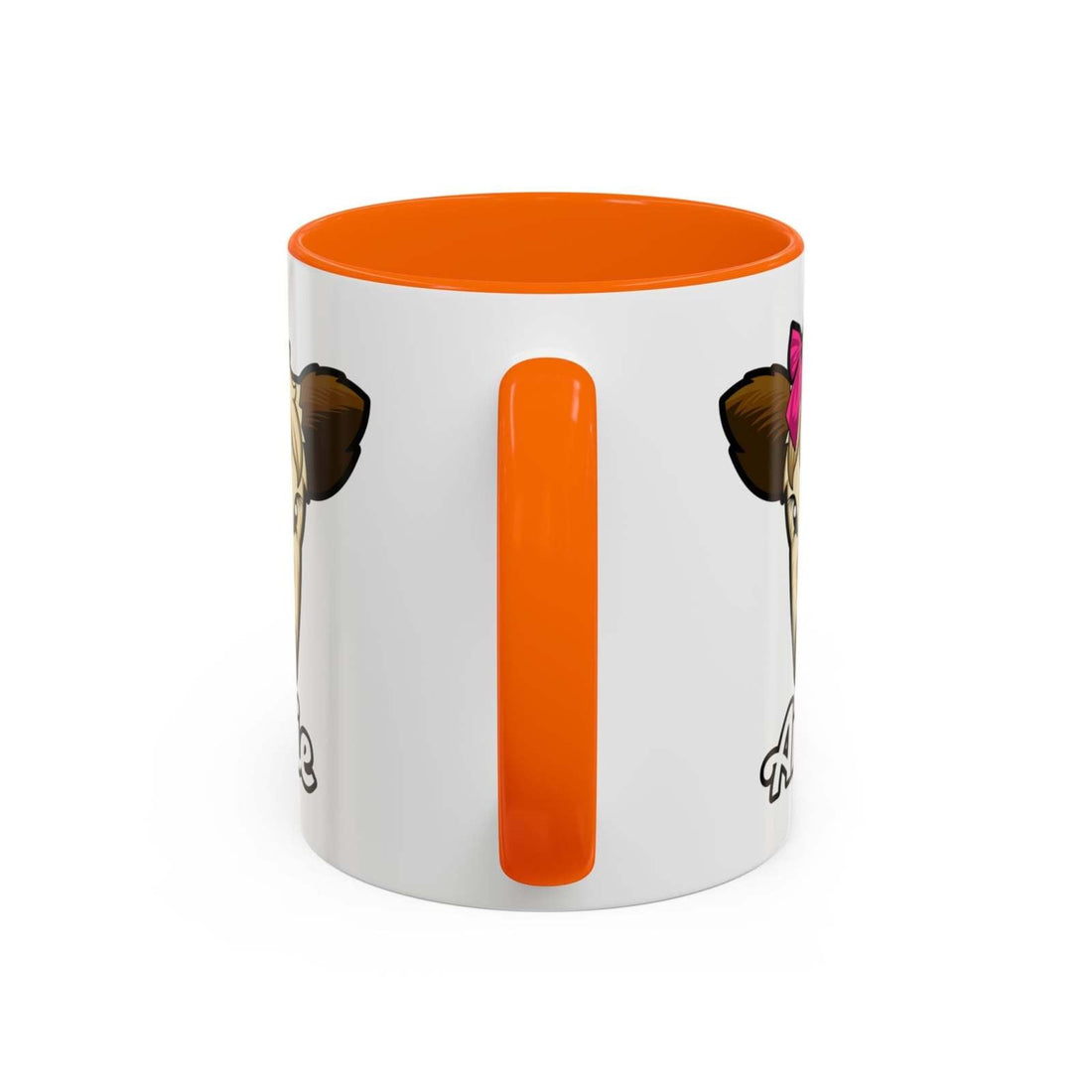 Farmhouse cow coffee mug with red bow and orange handle.