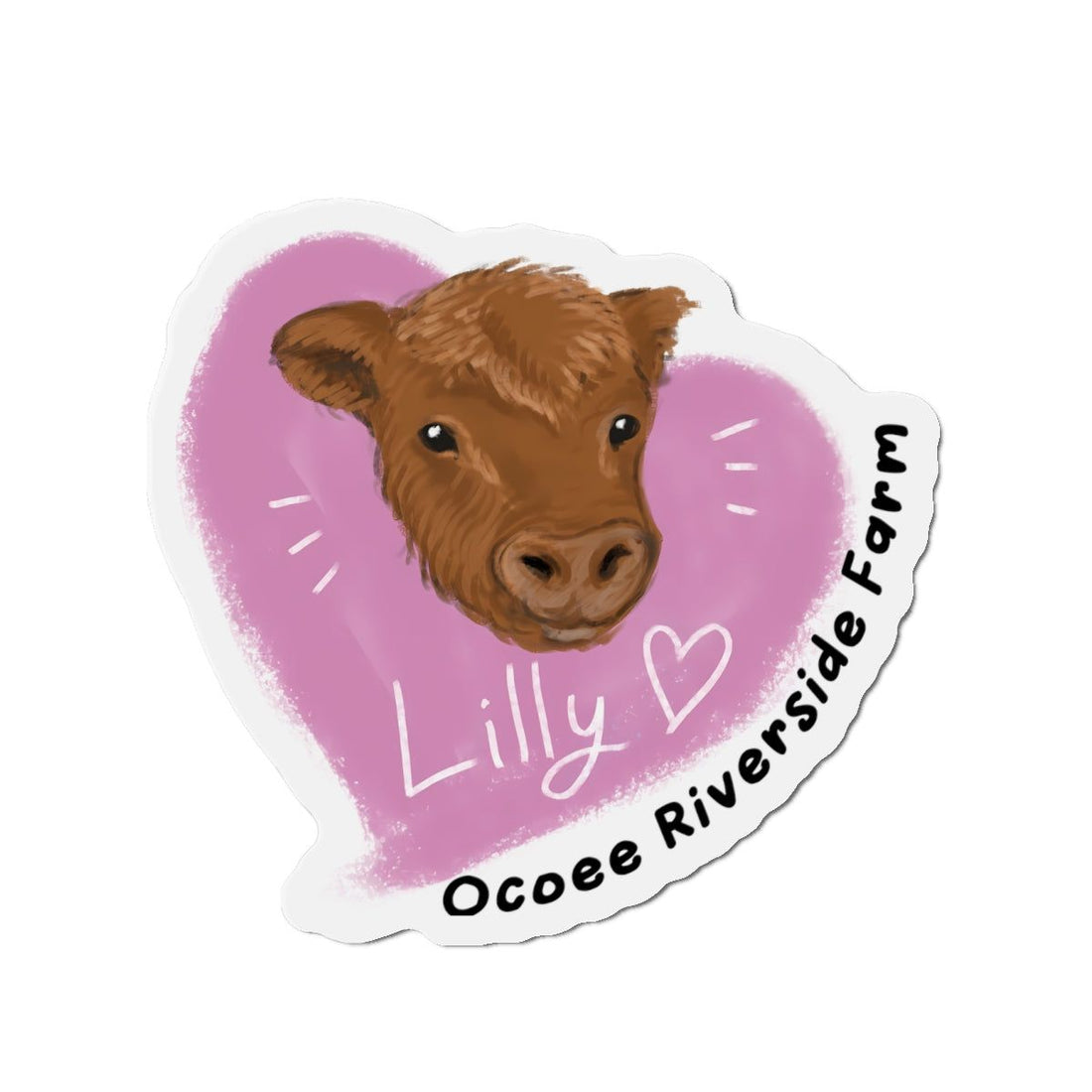 Cute cow farm animal die-cut magnet with purple heart background and "Lilly" text for home and office decor