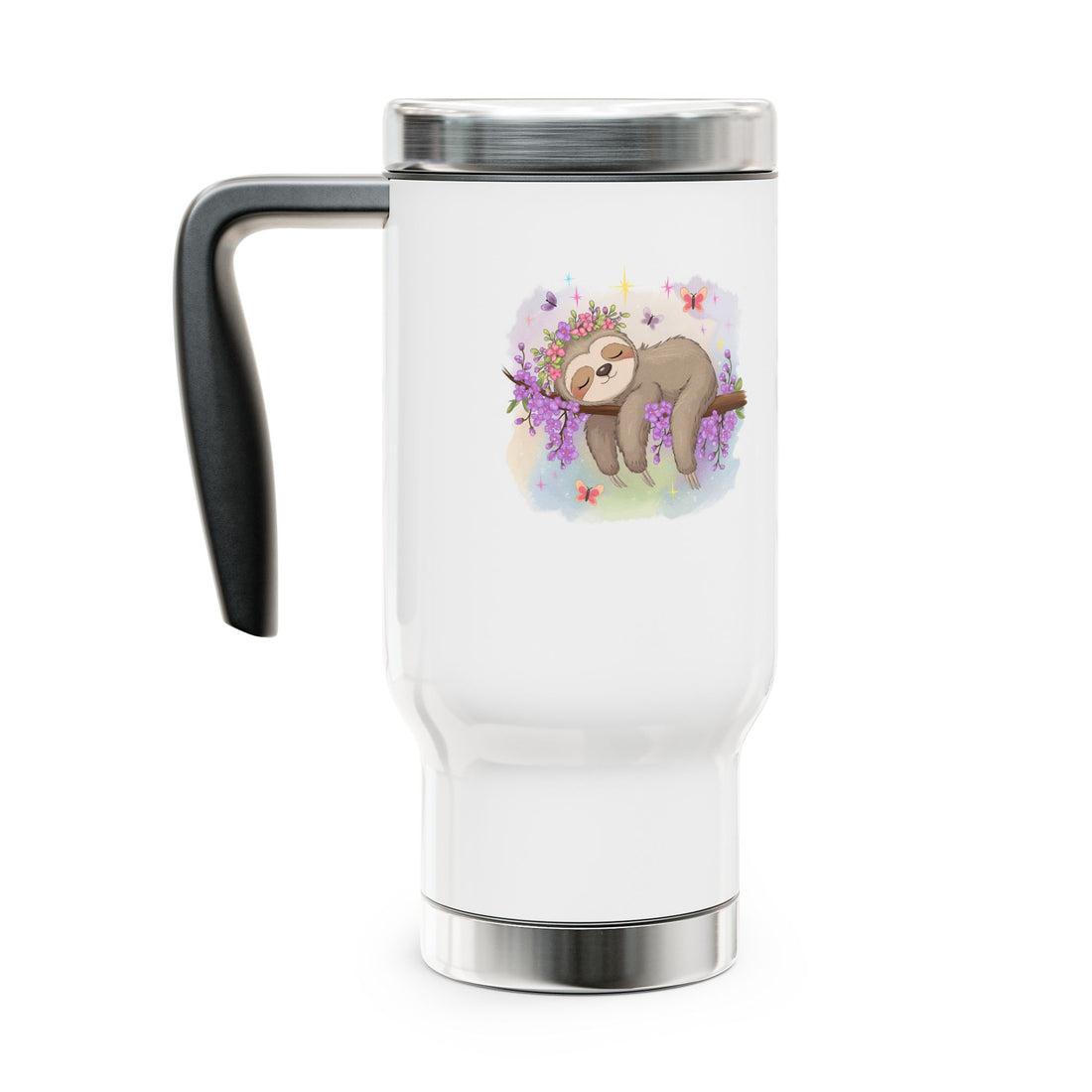 Cute Sloth Floral Stainless Steel Travel Mug - 14oz with Handle