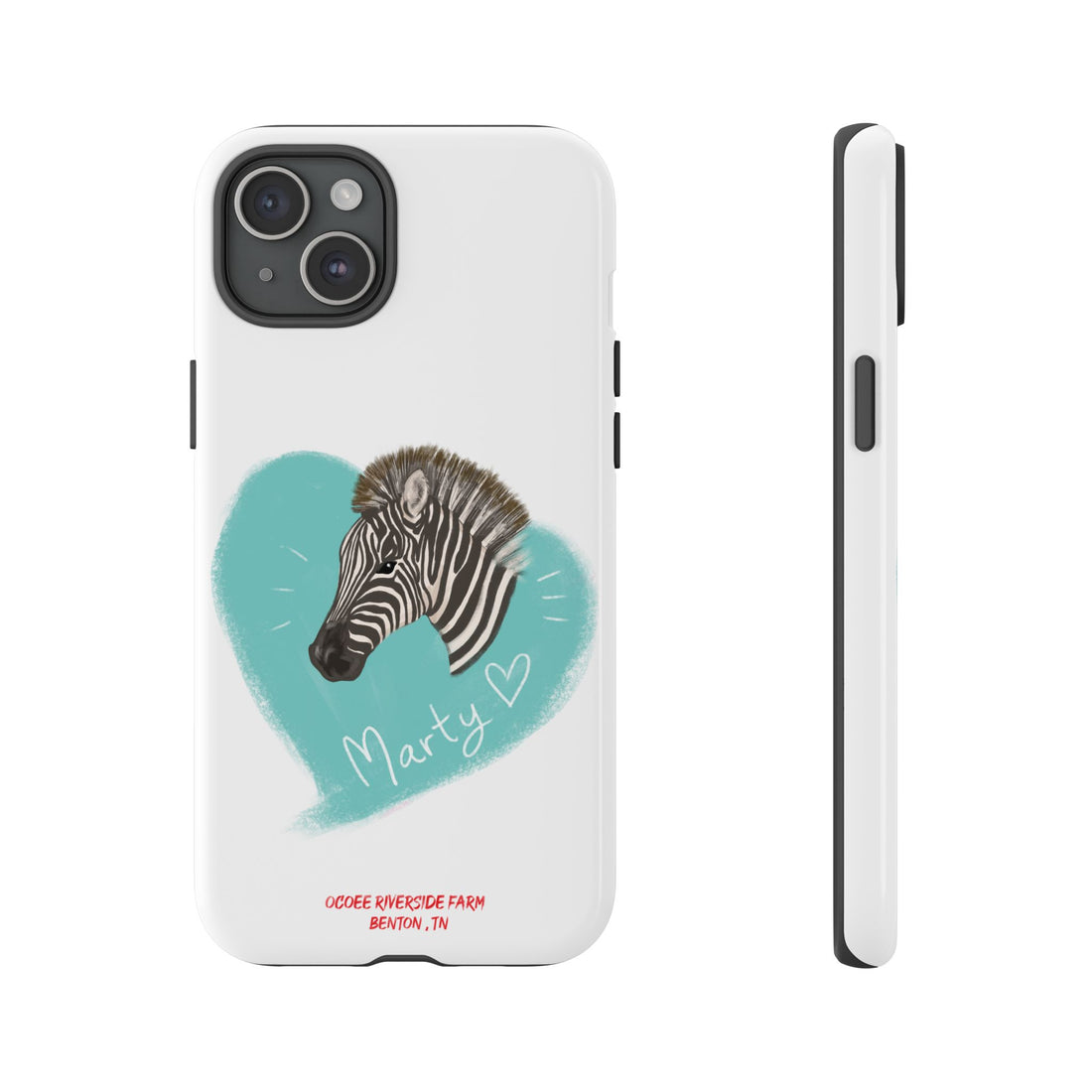 A zebra adorned with the word "Marty" creatively integrated into its stripes at Ocoee Riverside Farm Phone Case