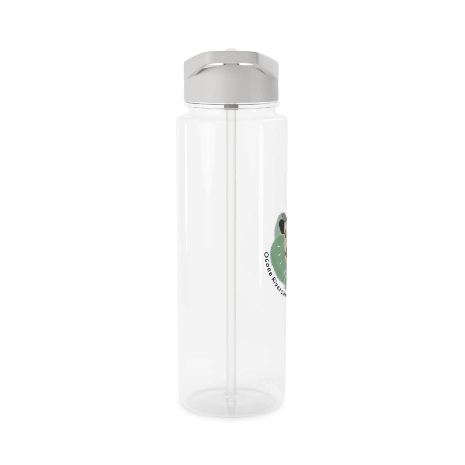 Clear farm-themed water bottle with straw and silver lid, BPA-free and spill-resistant design.