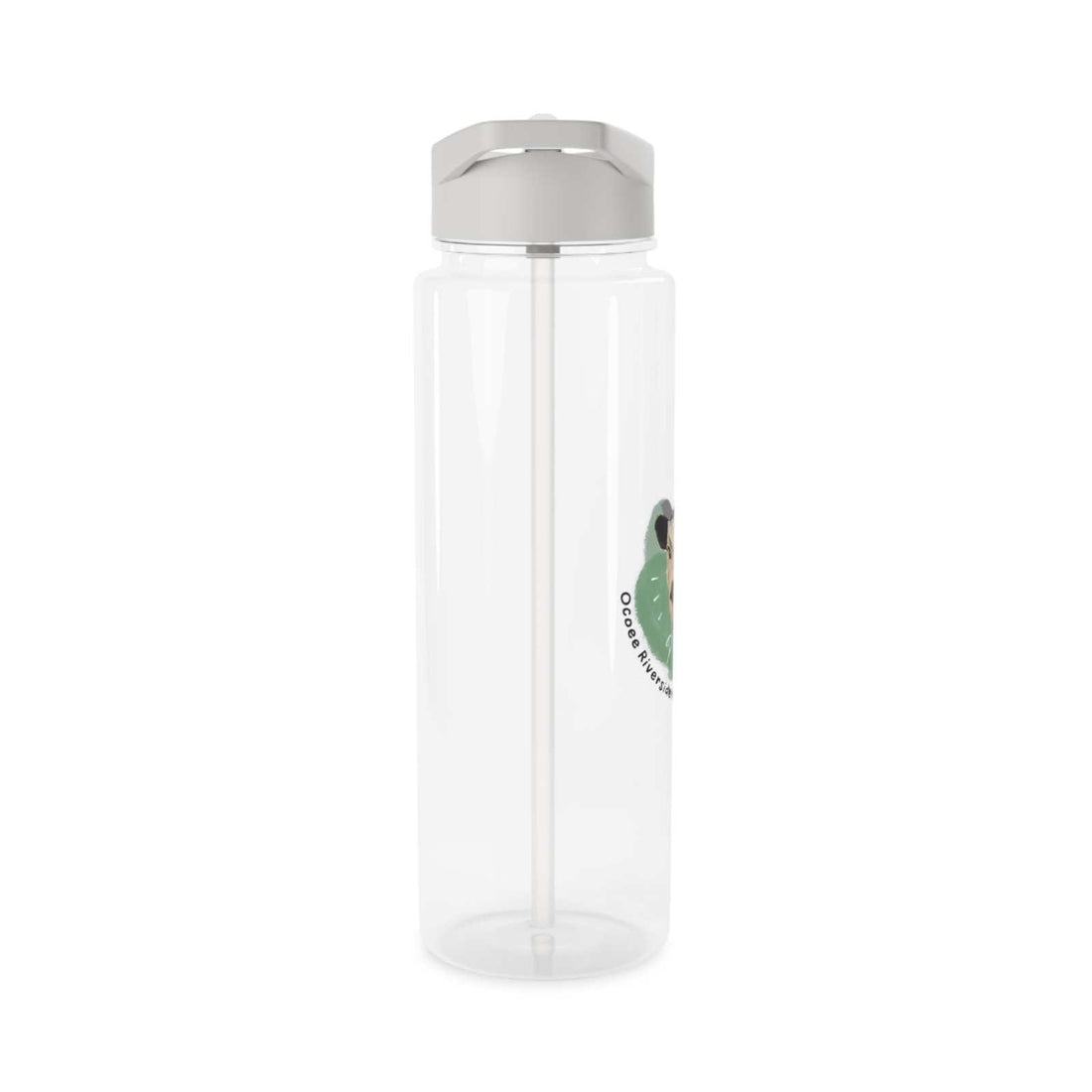 Clear farm-themed water bottle with straw and silver lid, BPA-free and spill-resistant design.