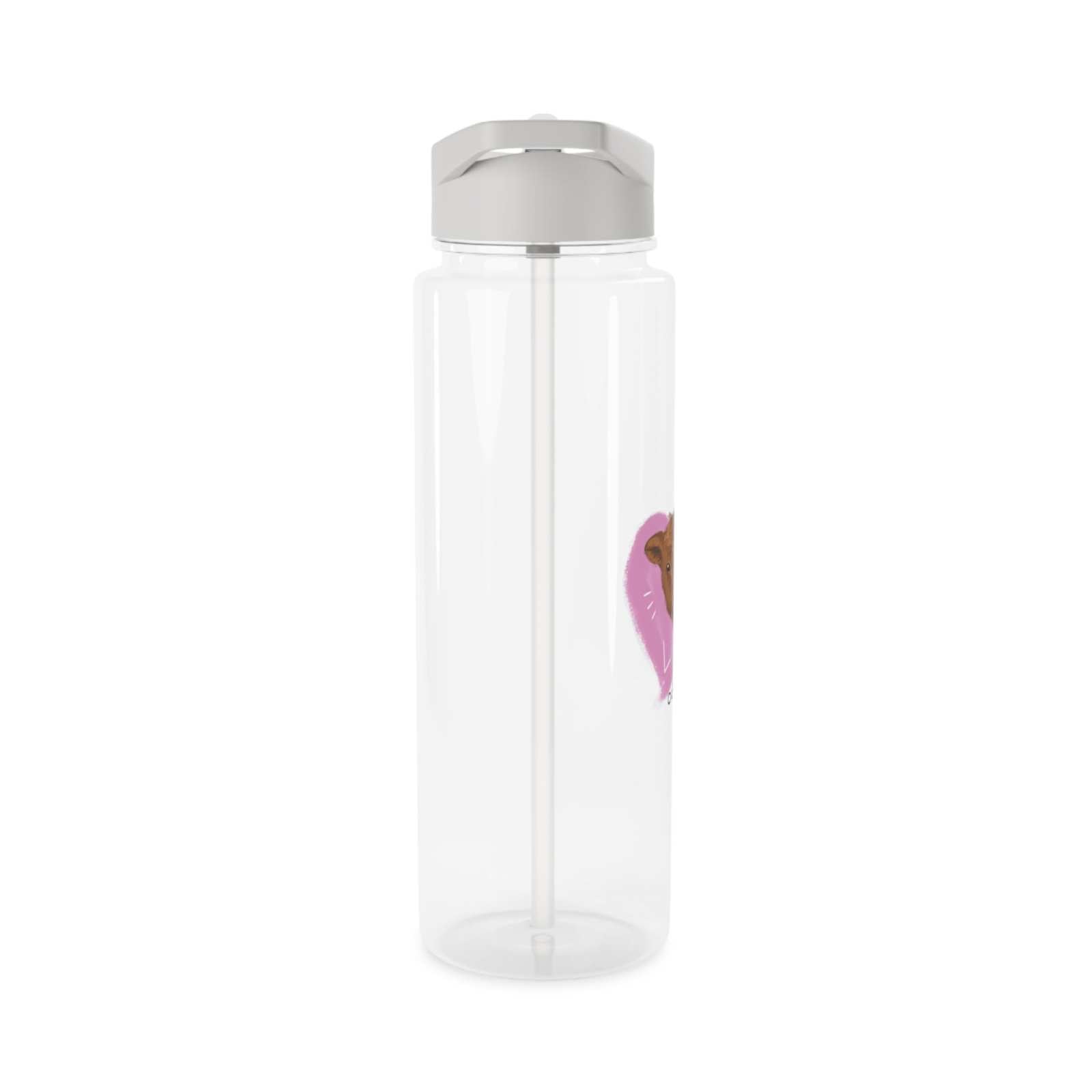 Transparent Tritan water bottle with silver lid and straw, featuring cute cow farm design, BPA-free and leak-proof.