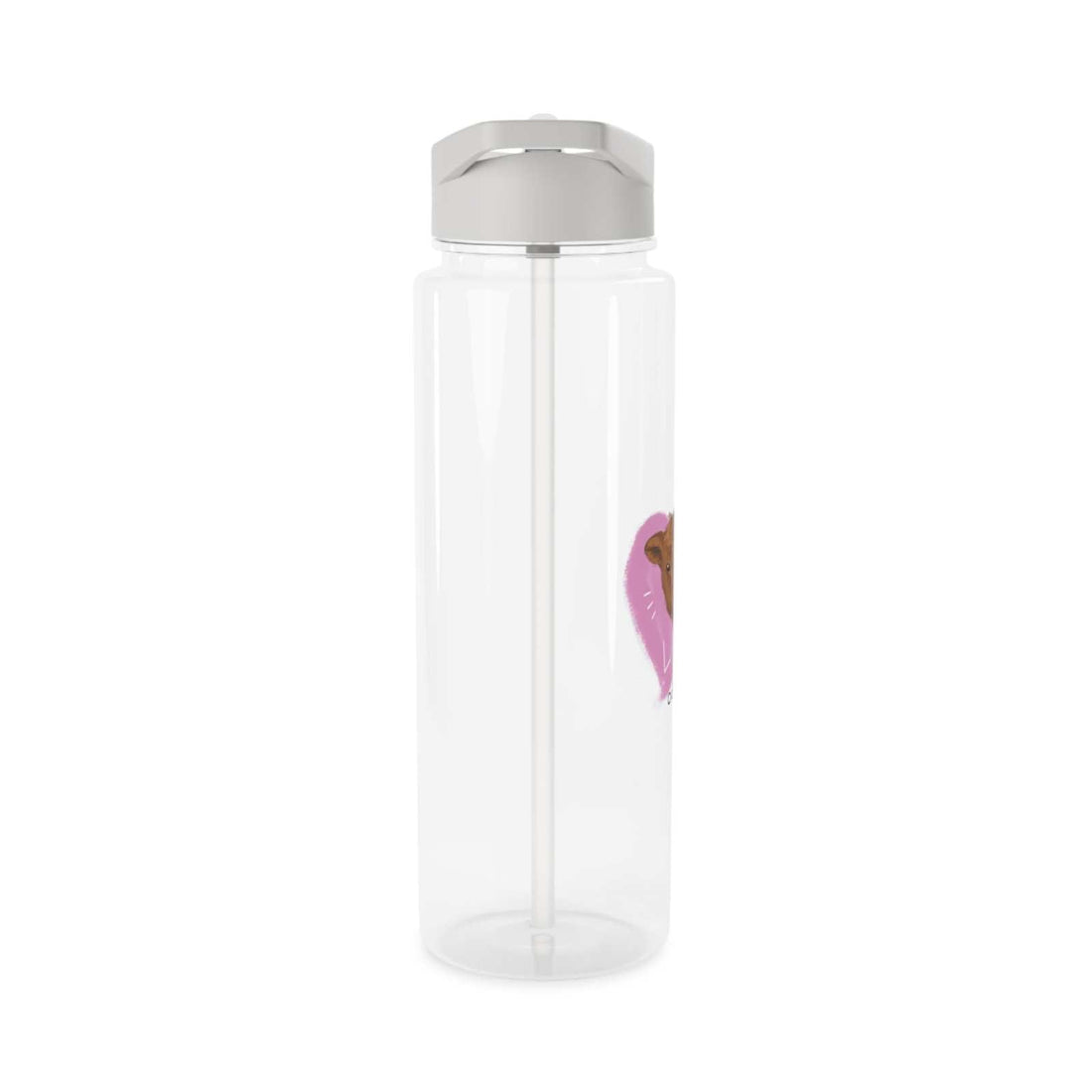 Transparent Tritan water bottle with silver lid and straw, featuring cute cow farm design, BPA-free and leak-proof.