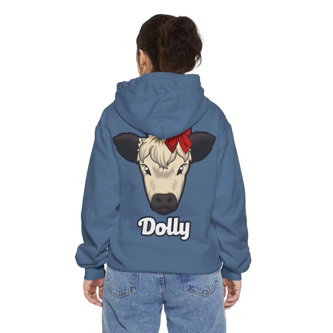 Adorable cow graphic hoodie featuring Dolly the farm cow with a red bow on the back.