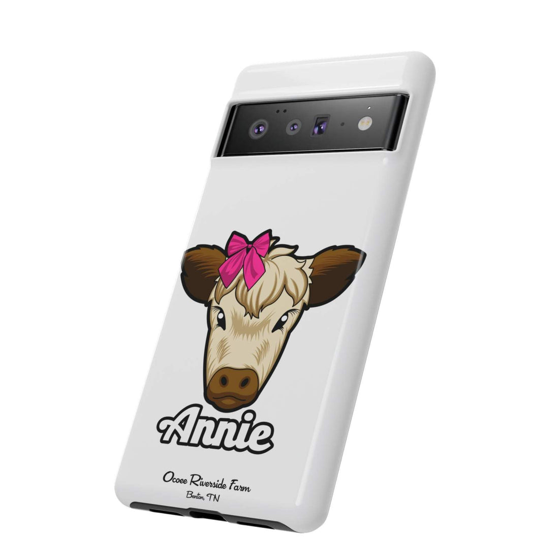 Cute farmhouse cow phone case with red bow; perfect farm animal lover gift.