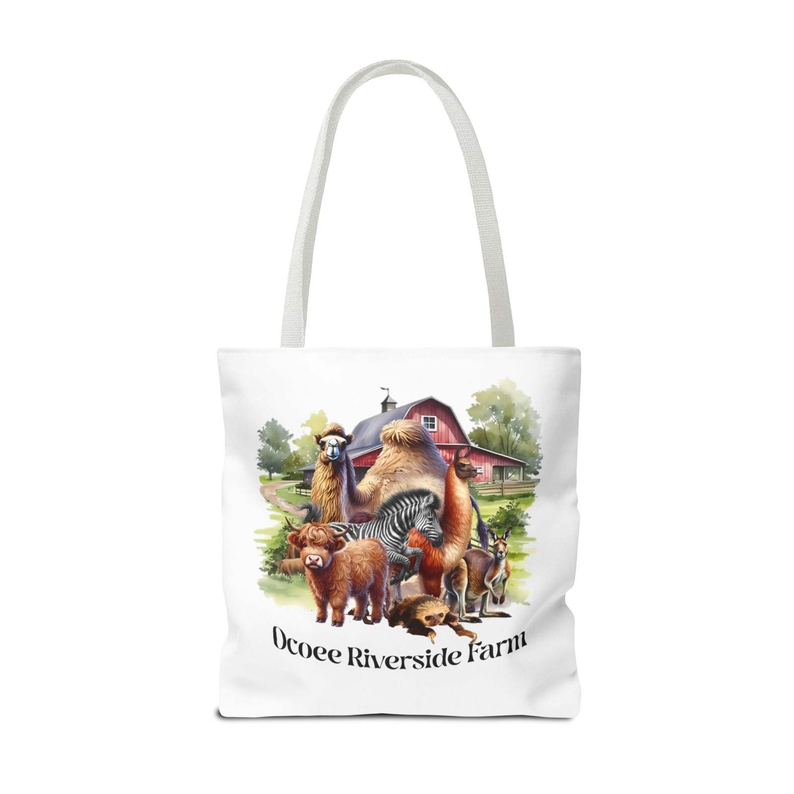 Eco-friendly Animals Tote Bag with farm animal design and Ocoee Riverside Farm text