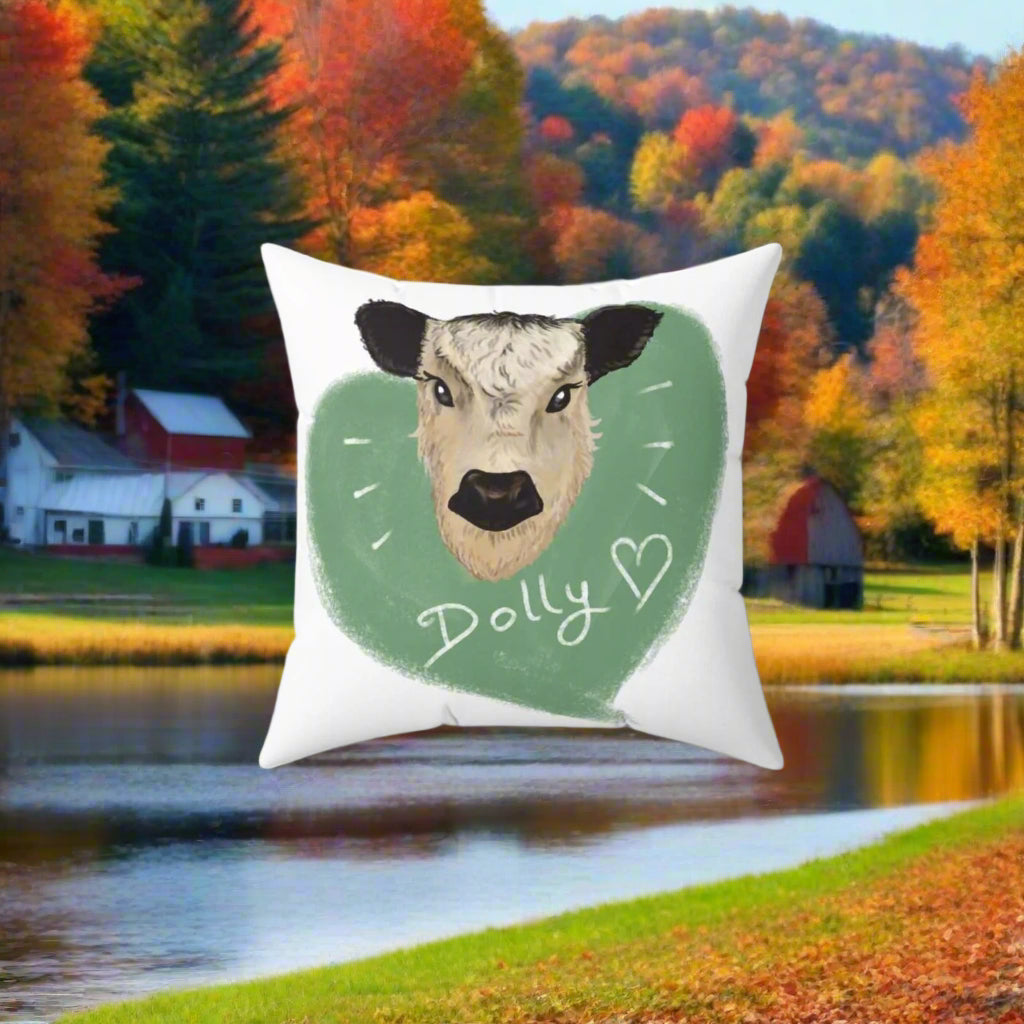 Spun Polyester Heart Pillow with Dolly the Cow design and green heart background