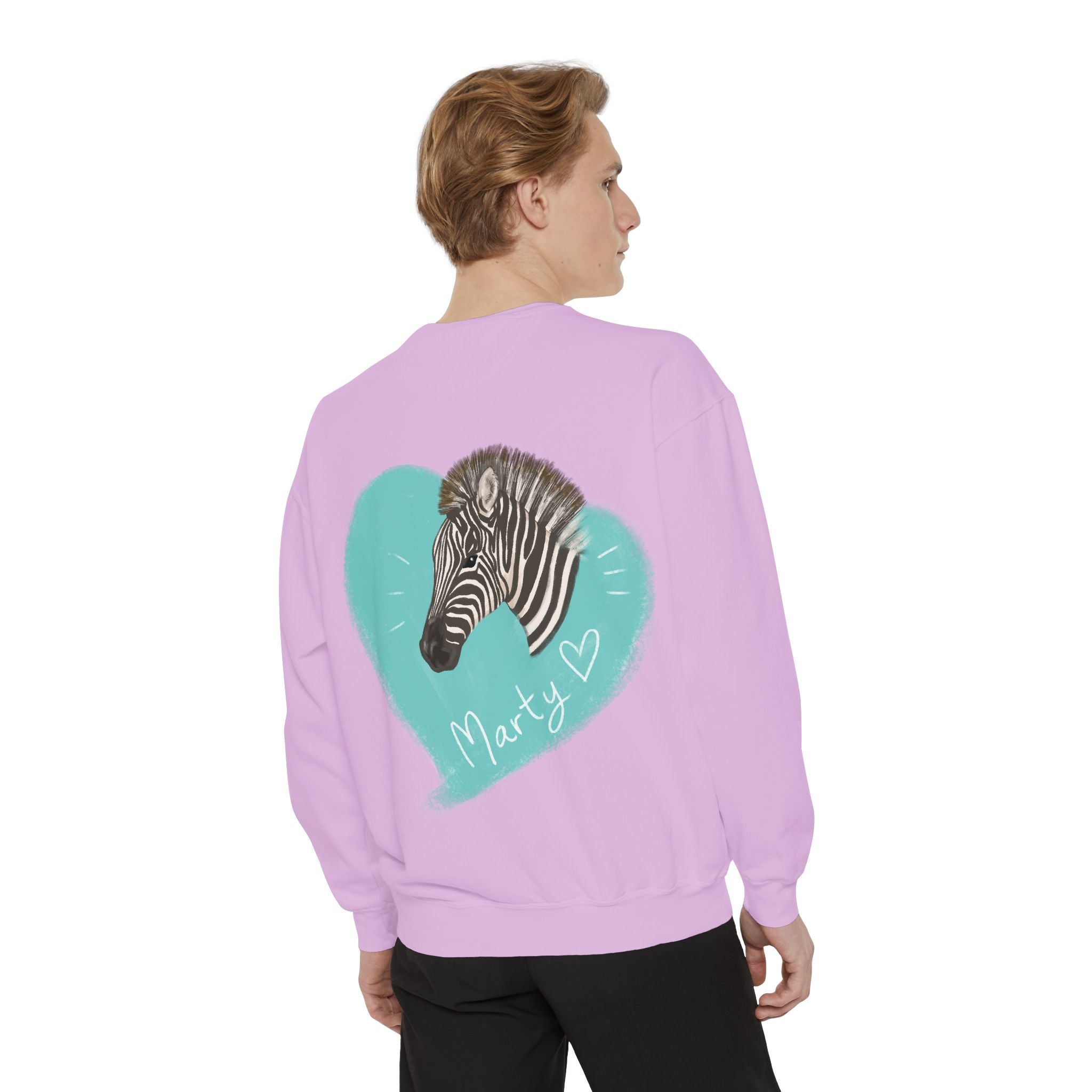 A zebra adorned with the word "Marty" creatively integrated into its stripes at Ocoee Riverside Farm Sweatshirt