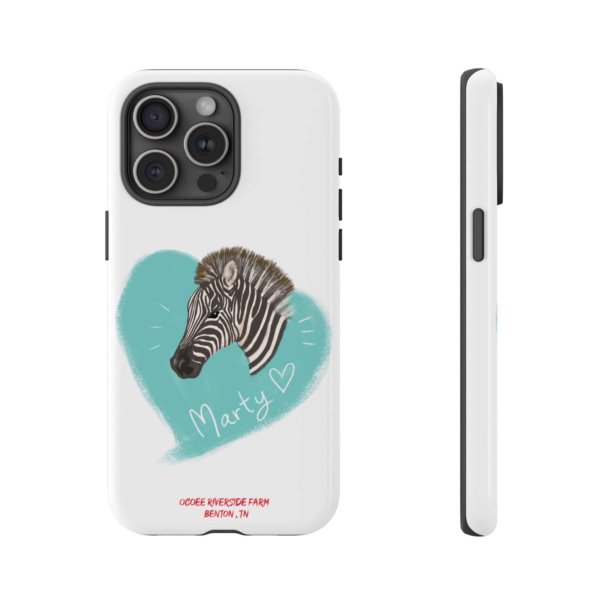 A zebra adorned with the word "Marty" creatively integrated into its stripes at Ocoee Riverside Farm Phone Case