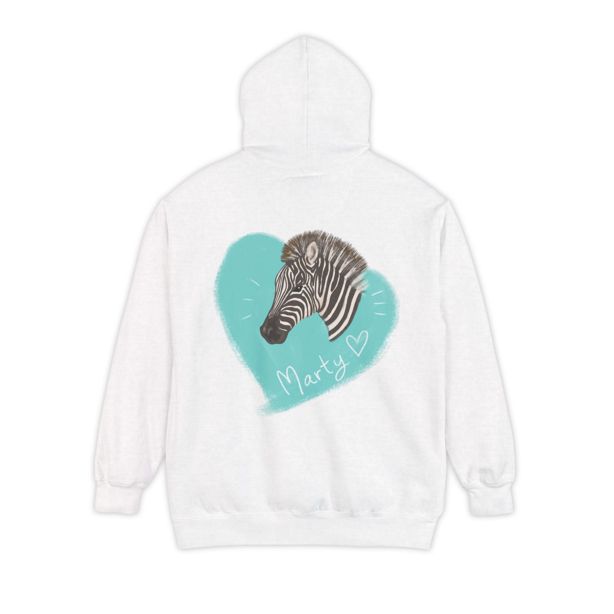 A zebra adorned with the word "Marty" creatively integrated into its stripes at Ocoee Riverside Farm Unisex Hoodie
