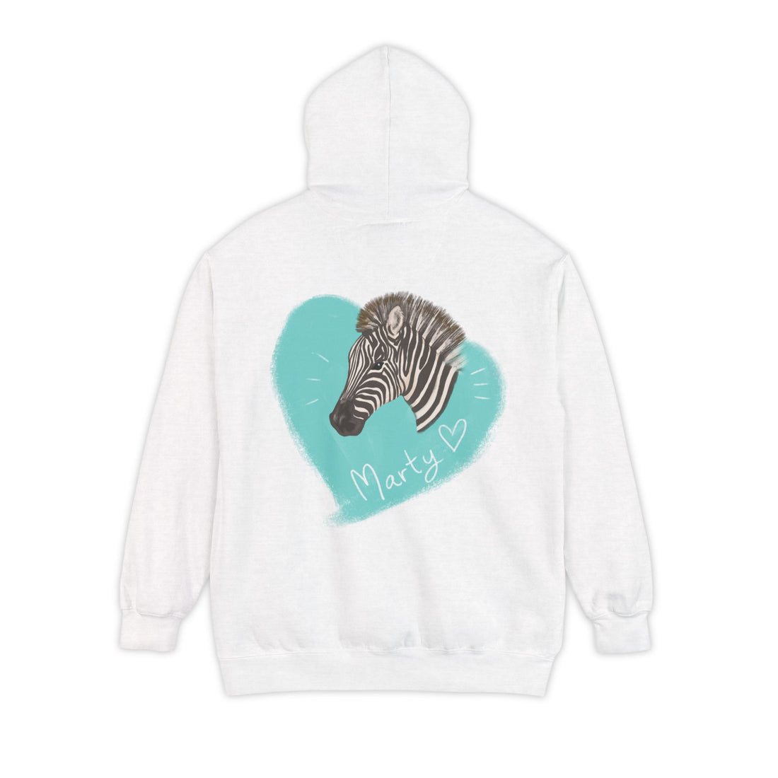 A zebra adorned with the word "Marty" creatively integrated into its stripes at Ocoee Riverside Farm Unisex Hoodie