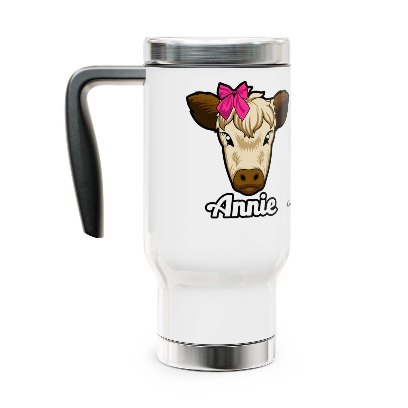 Farmhouse coffee mug with cow design and handle, 14oz travel size.