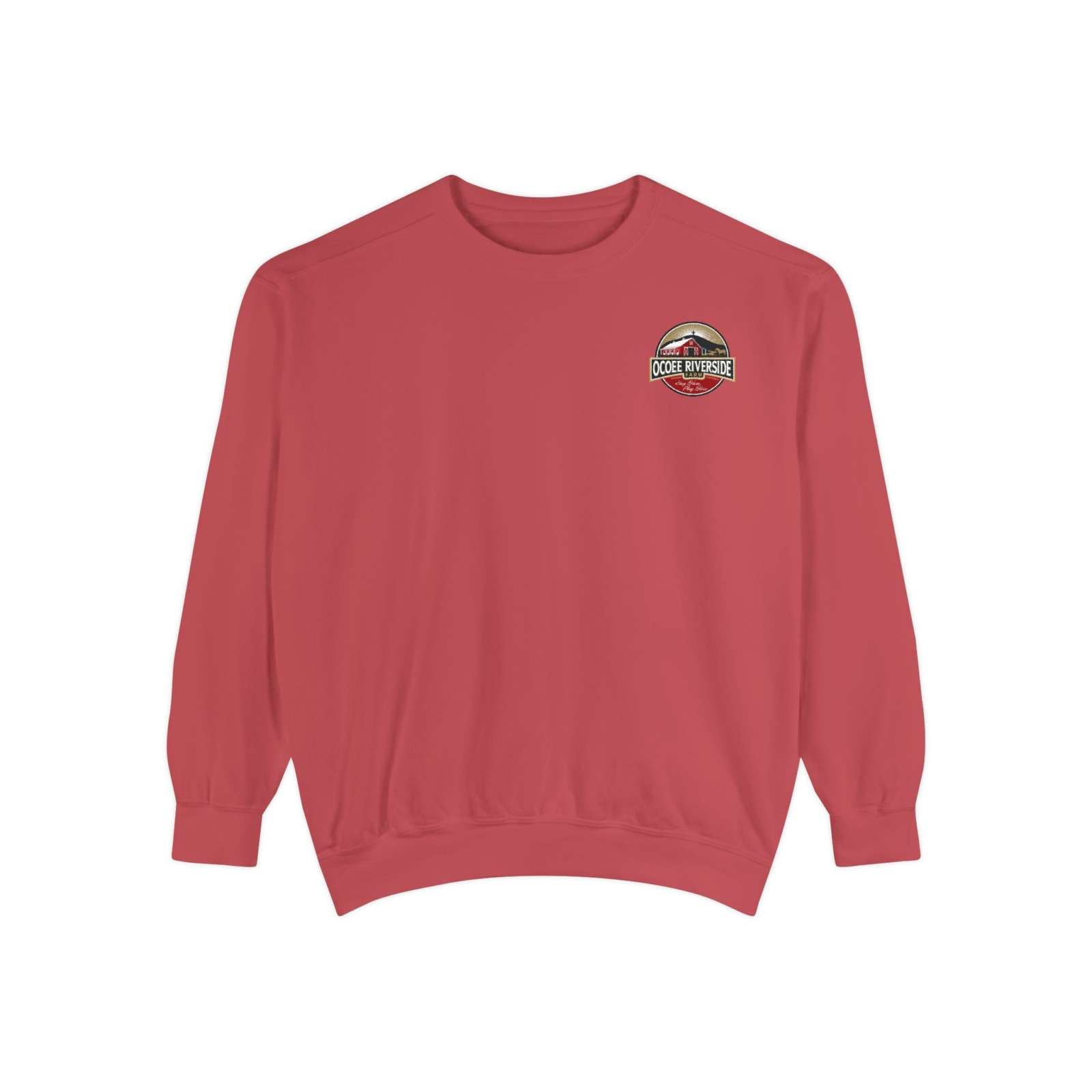 Red farm animal sweatshirt with Ocoee Riverside logo, cozy garment-dyed fabric, and relaxed fit.