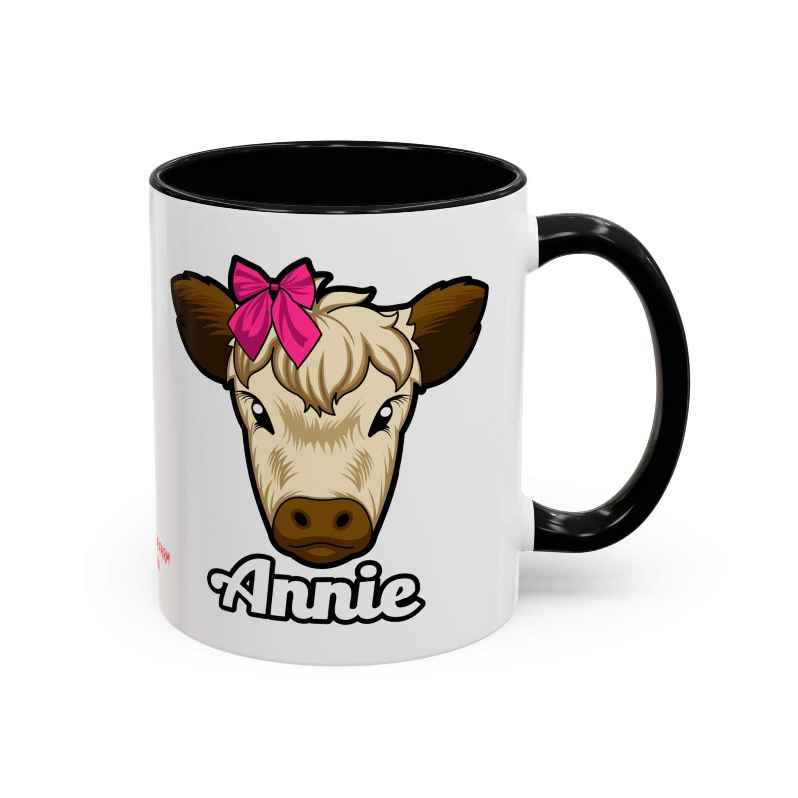 Farmhouse cow coffee mug with red bow illustration, ceramic, Annie design.