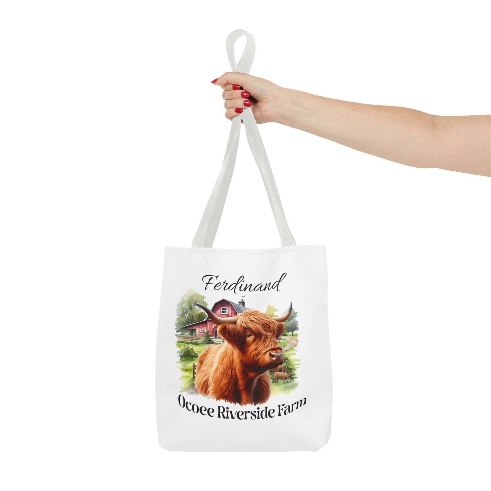 Ferdinand Scottish Highland Tote Bag featuring Ocoee Riverside Farm design, eco-friendly shopping bag with durable polyester and reinforced handles.