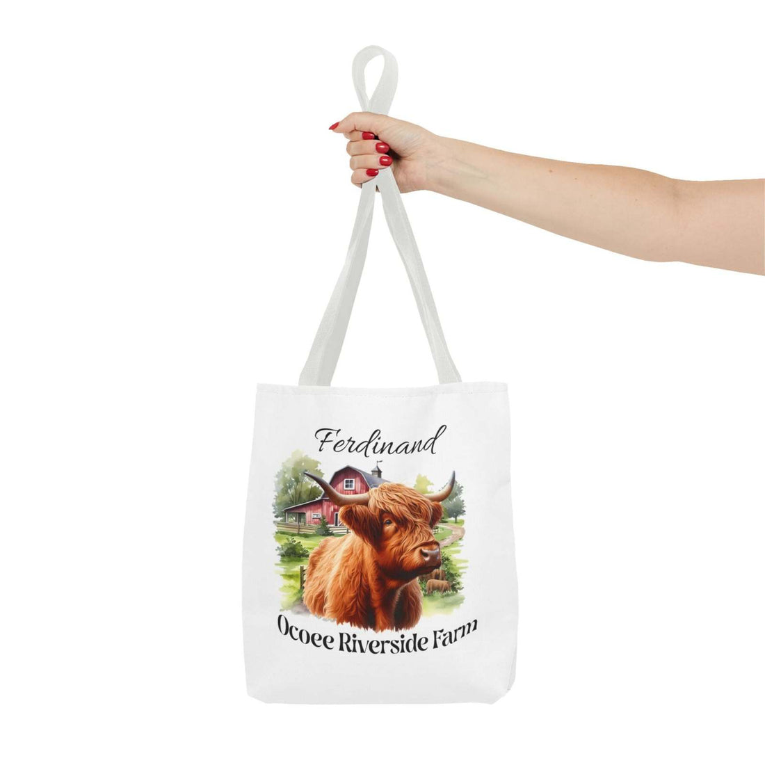 Ferdinand Scottish Highland Tote Bag featuring Ocoee Riverside Farm design, eco-friendly shopping bag with durable polyester and reinforced handles.