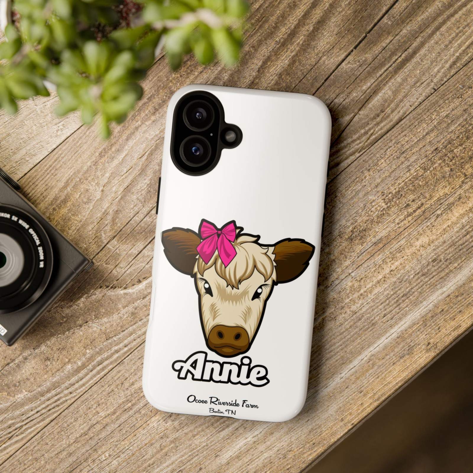 Cute cow phone case with red bow, perfect farm animal lover gift, Ocoee Riverside design.