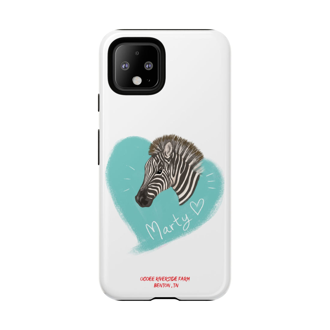 A zebra adorned with the word "Marty" creatively integrated into its stripes at Ocoee Riverside Farm Phone Case