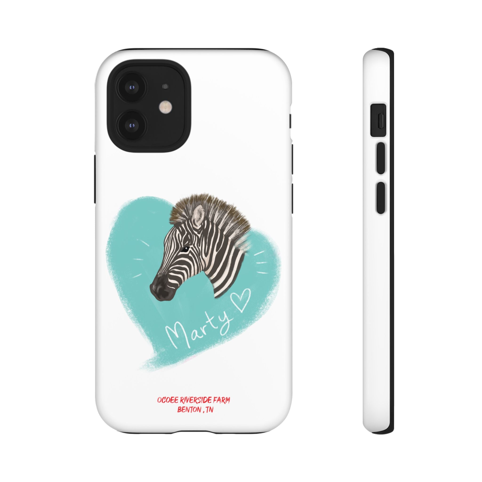 A zebra adorned with the word "Marty" creatively integrated into its stripes at Ocoee Riverside Farm Phone Case