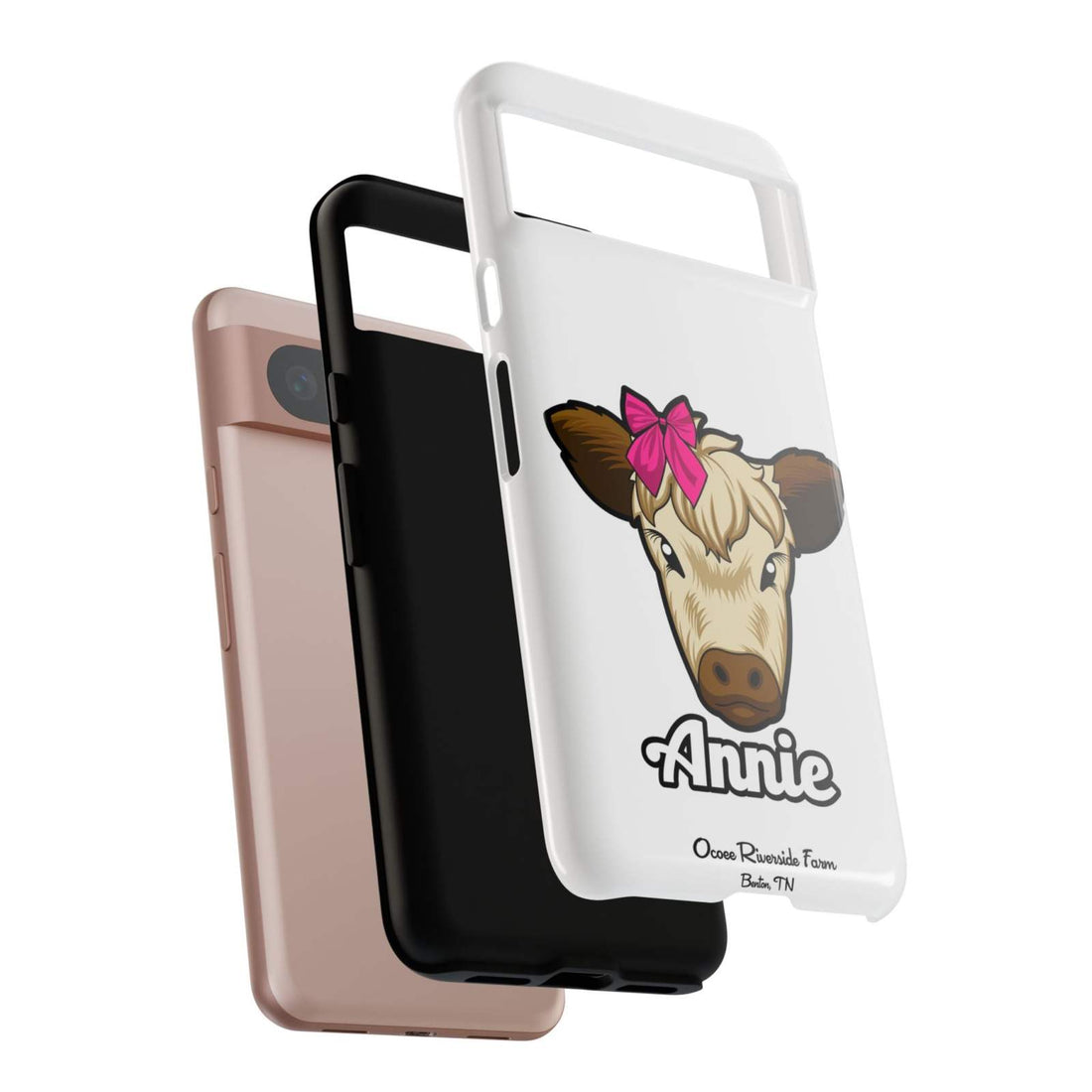 Cute Annie the Cow phone case with red bow, ideal farm animal lover gift, durable and stylish design.